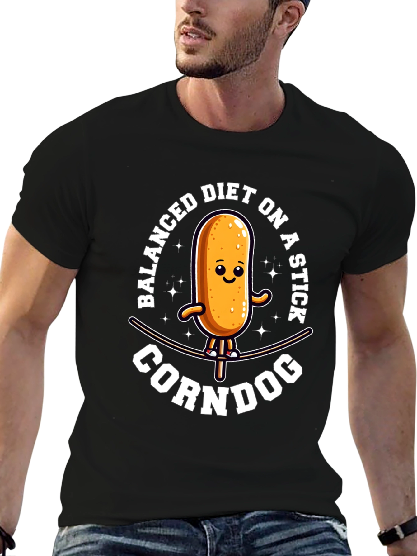 Black Funny Balanced Diet Corn Dog Graphic Tee view 6