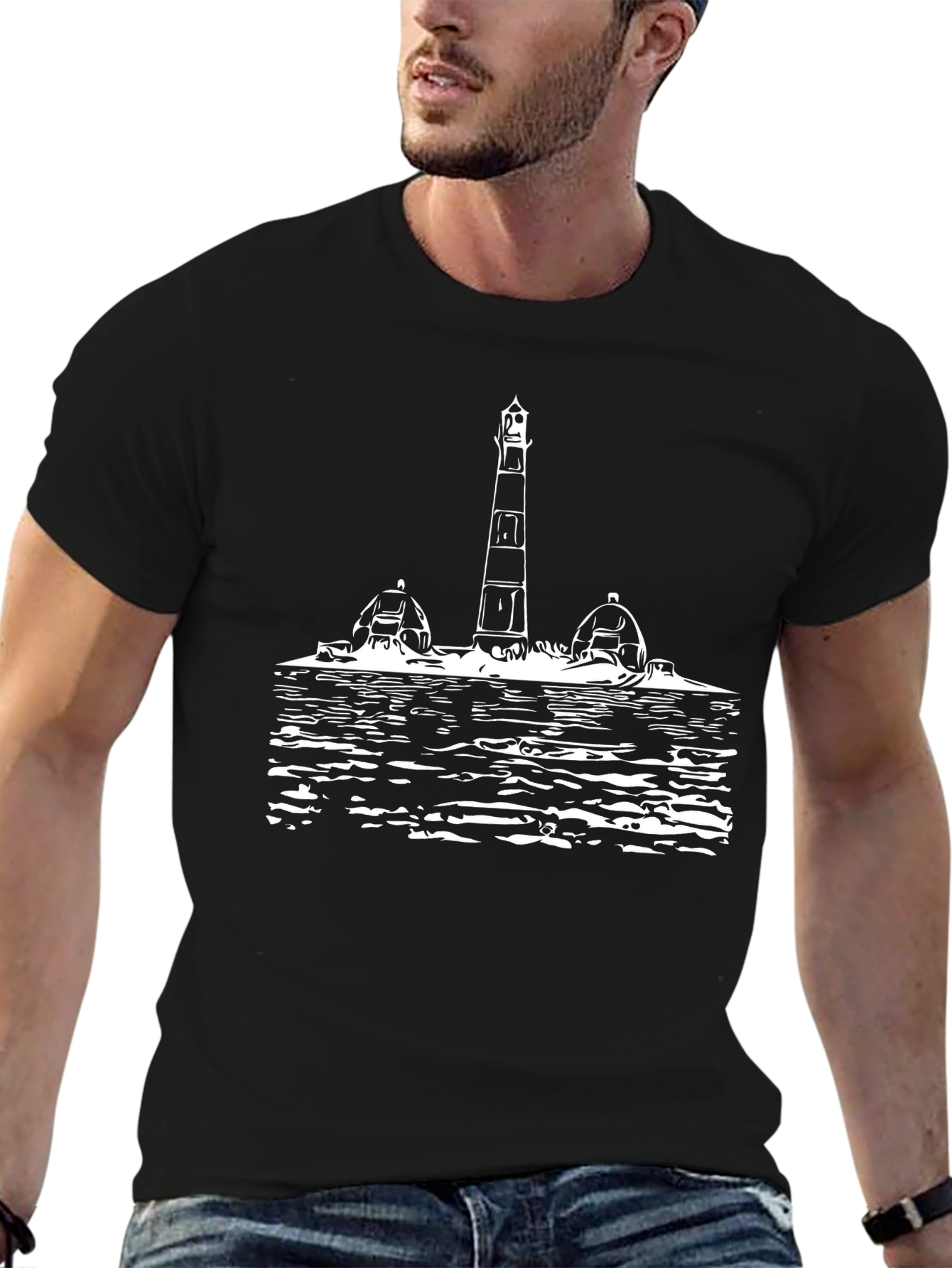 Black Lighthouse Graphic Tee - Black Cotton T-Shirt view 6