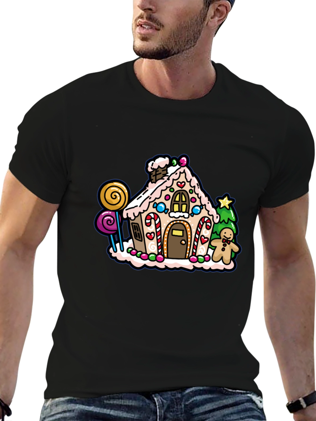 Black Gingerbread House Graphic Tee - Festive Holiday Shirt view 6