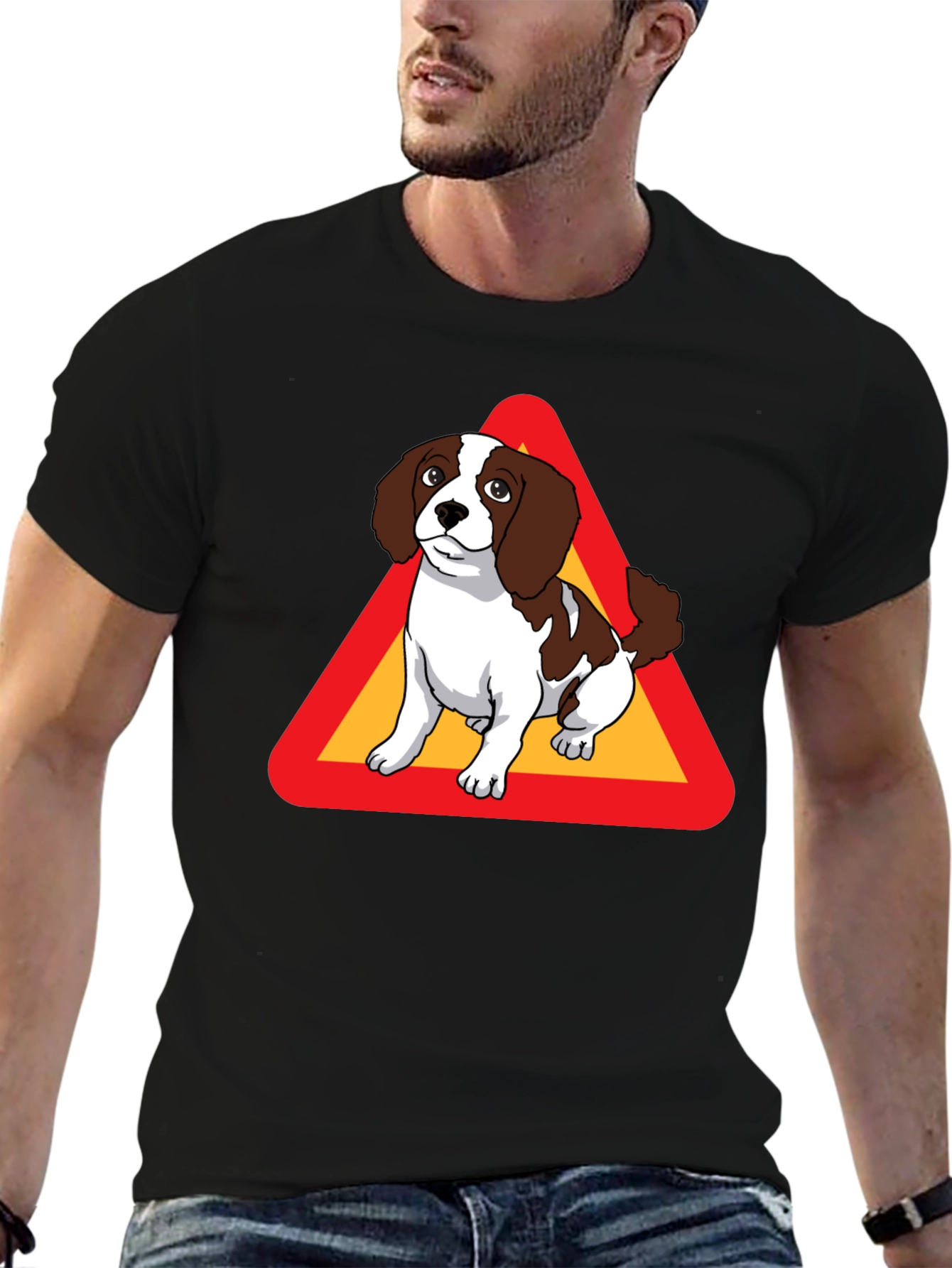 Black Dog Warning Sign Graphic Tee - Black Cotton T-Shirt view 6