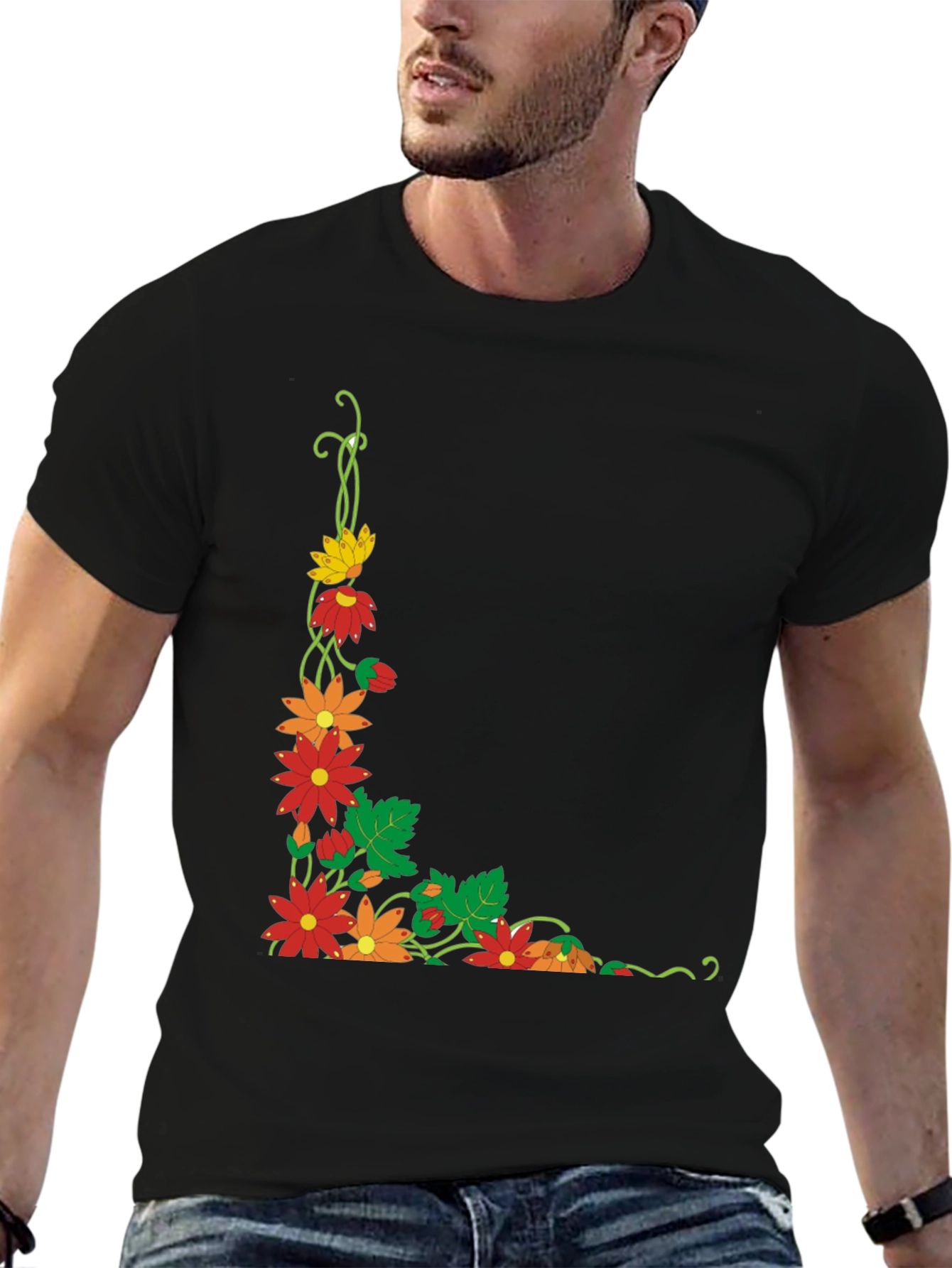 Black Floral Corner Design Black T-Shirt view 6