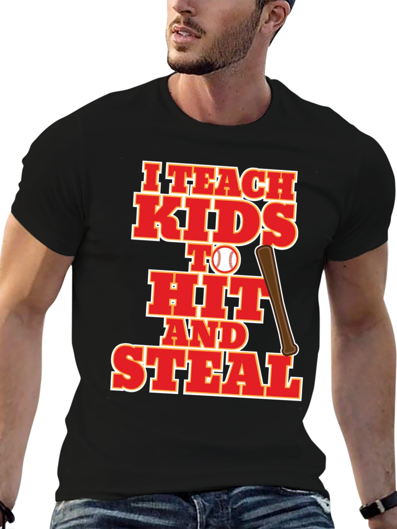 Black I Teach Kids to Hit and Steal Baseball T-Shirt view 6