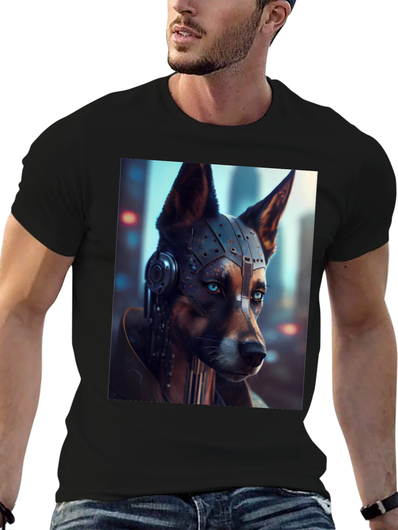 Black Cyberpunk Dog Graphic T-Shirt view 6