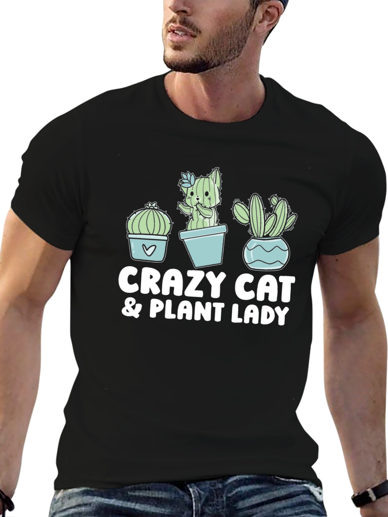 Black Crazy Cat & Plant Lady Black T-Shirt view 6