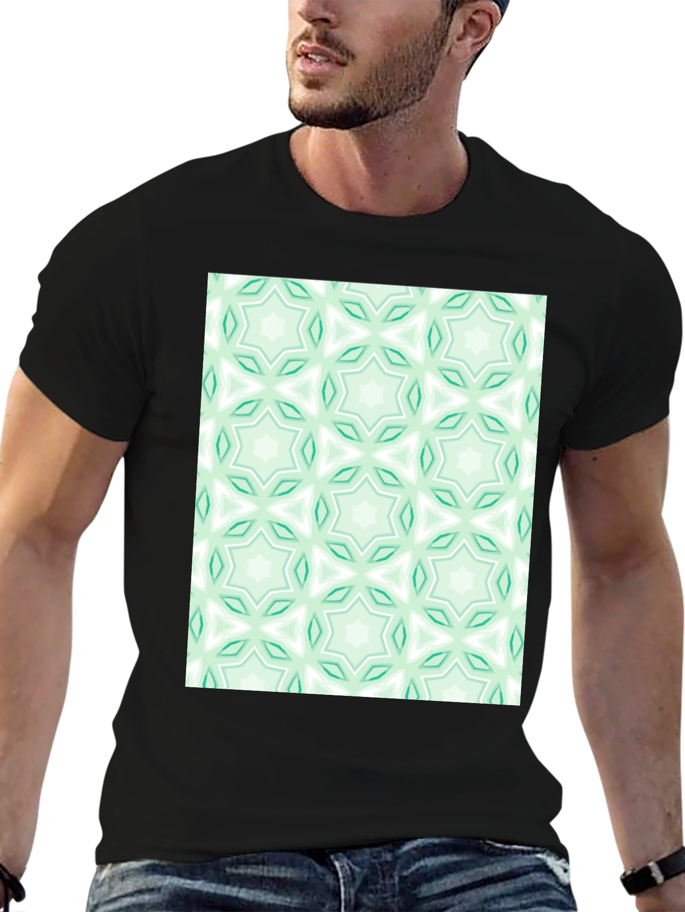 Black Kaleidoscope Pattern T-Shirt - Mint Green & White view 6