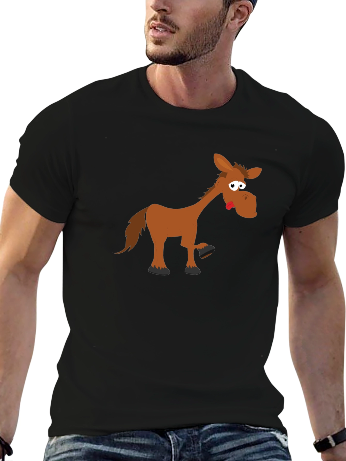 Black Funny Horse Graphic Tee - Black Cotton T-Shirt view 6