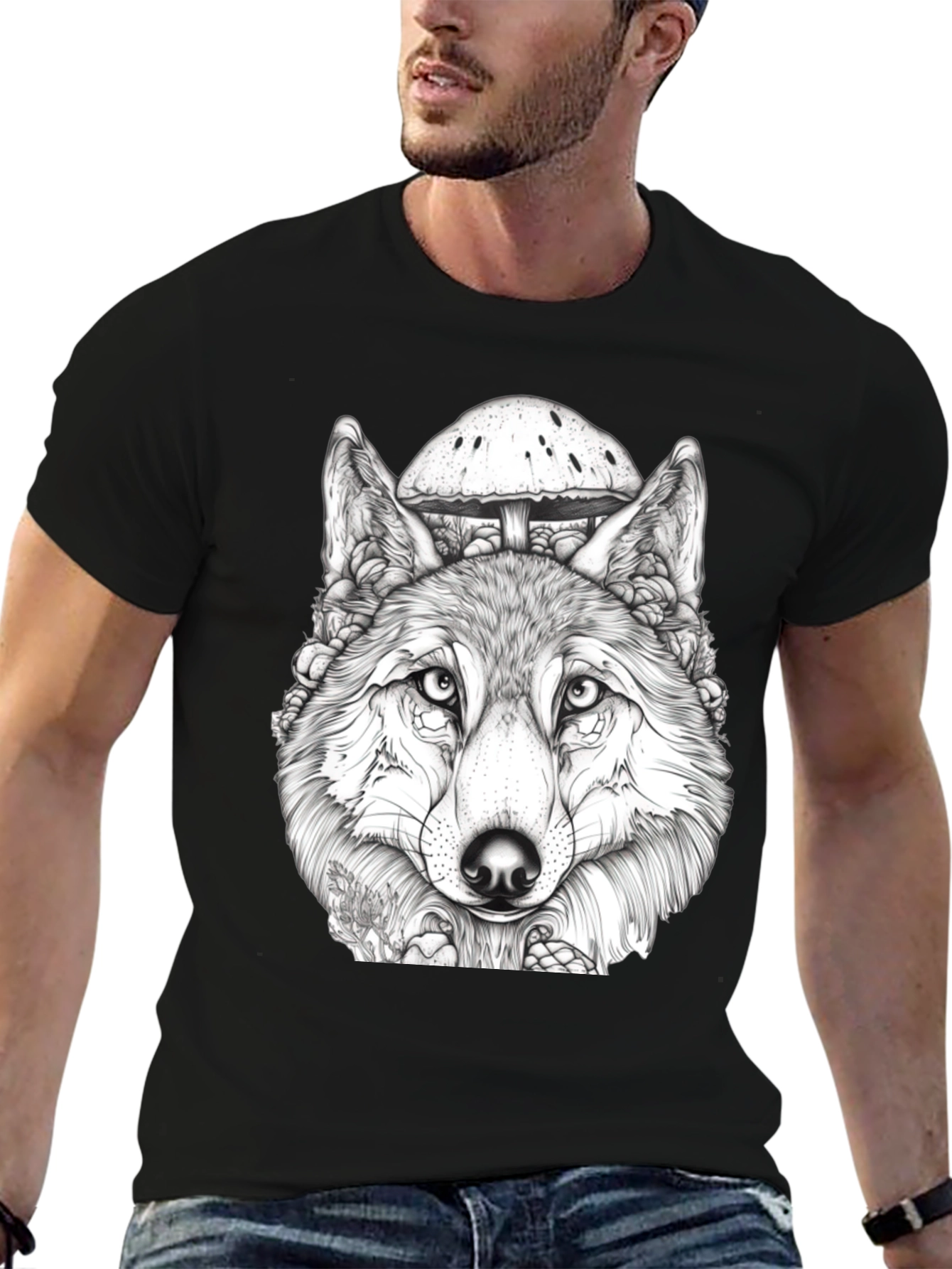 Black Wolf & Mushroom Graphic Tee - Unisex Black T-Shirt view 6