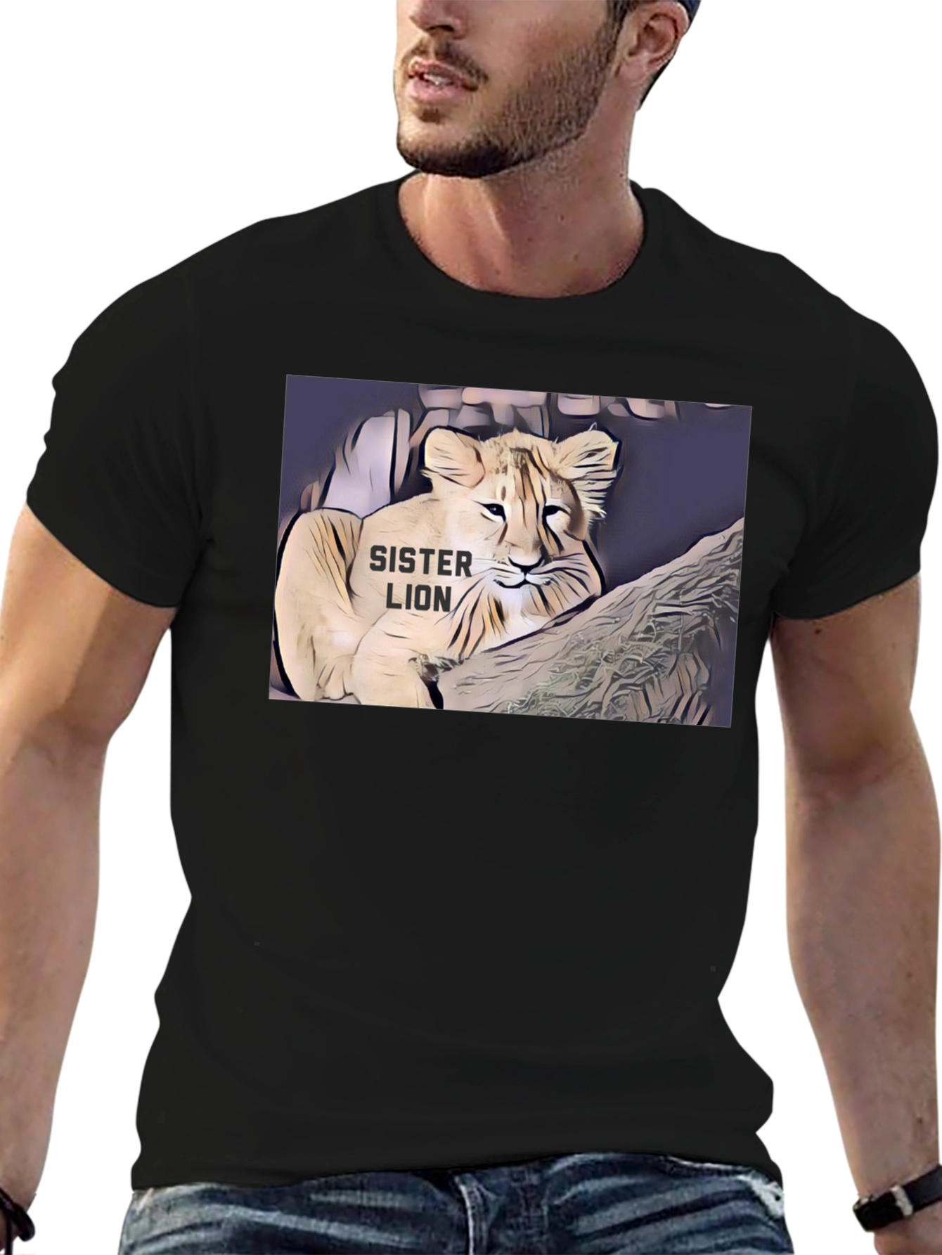 Black Sister Lion Graphic Tee - Black Cotton T-Shirt view 6