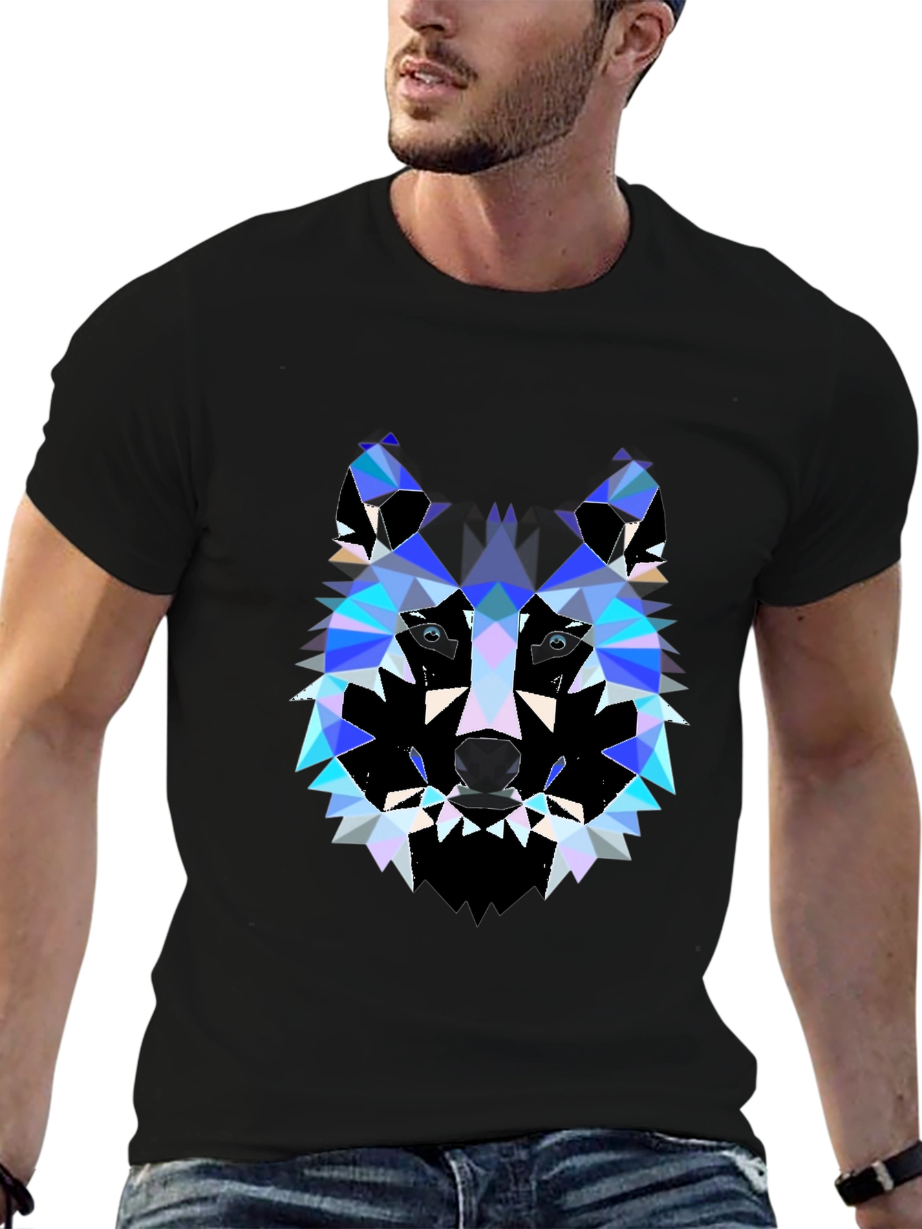 Black Geometric Wolf Print Black T-Shirt view 6