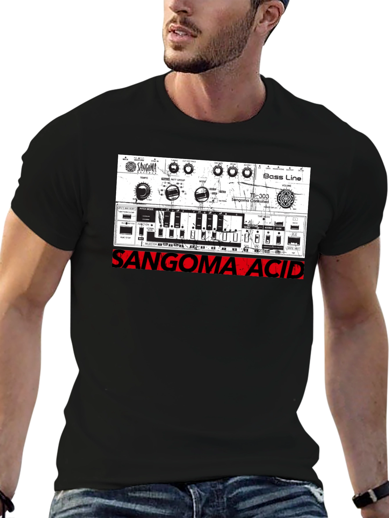 Black Sangoma Acid Music Synth Graphic Tee view 6