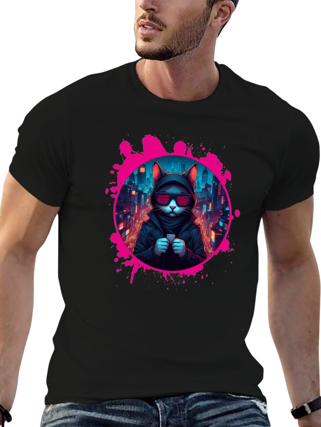 Black Cyberpunk Cat T-Shirt view 6