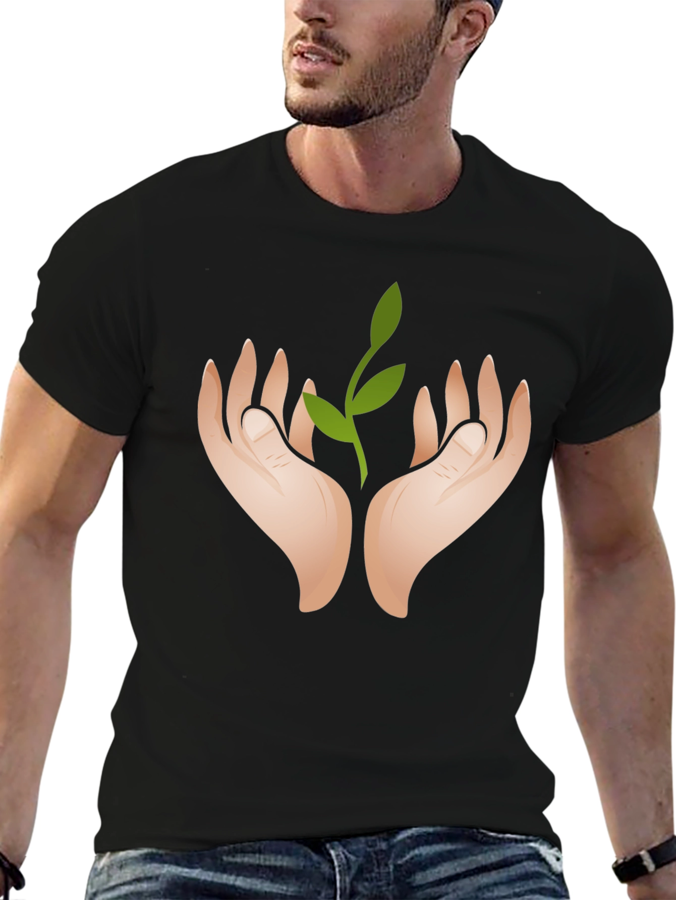 Black Hands Holding Sprout Graphic Black T-Shirt view 6