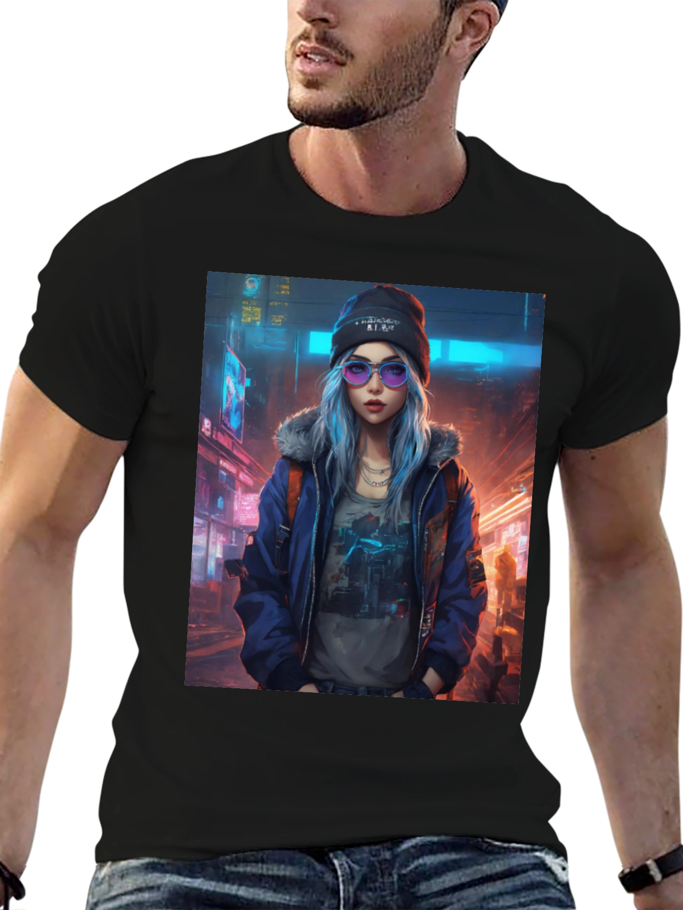 Black Cyberpunk Girl Graphic T-Shirt - Trendy Urban Style view 6