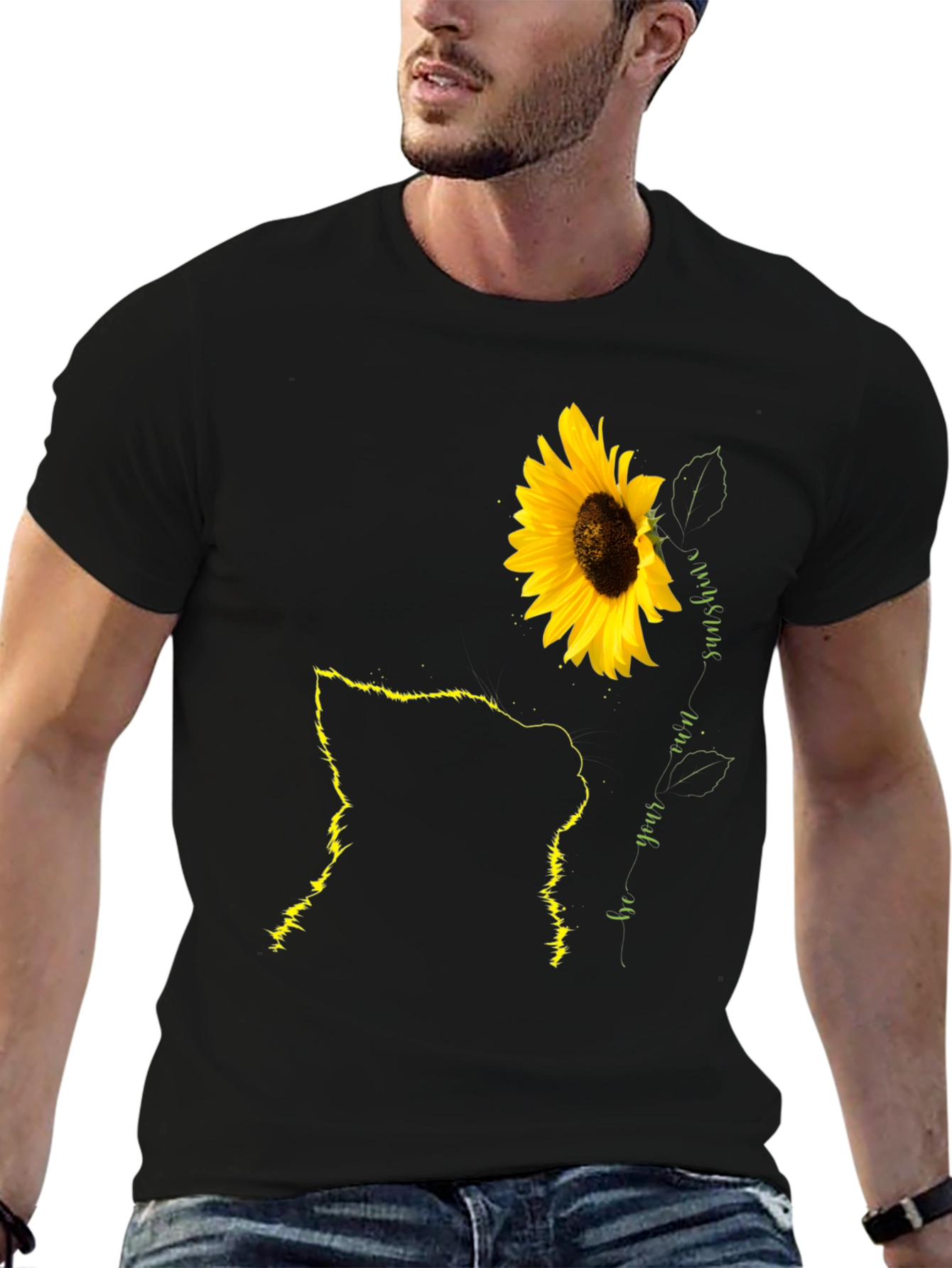 Black Sunflower Cat Lover Black T-Shirt view 6