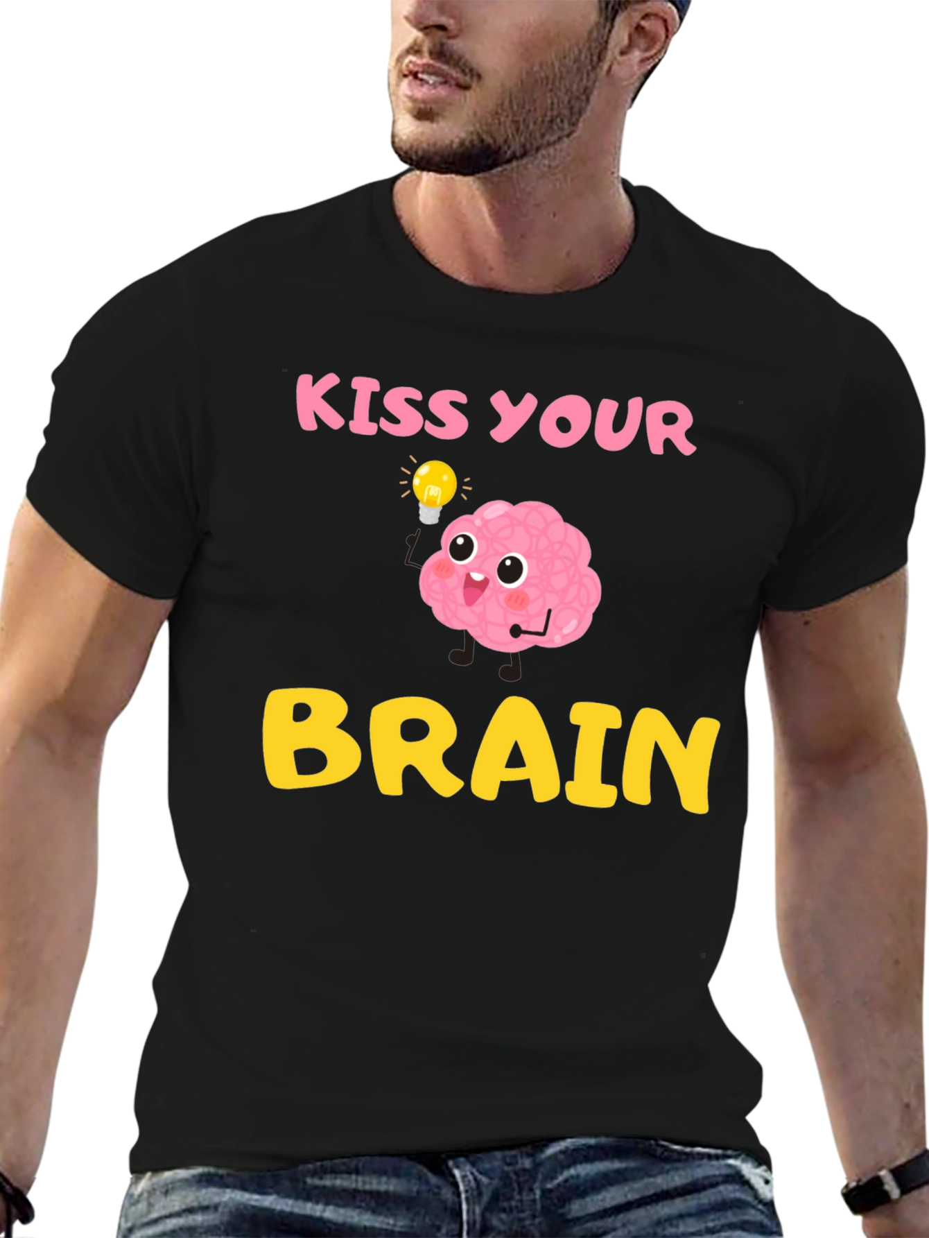 Black Kiss Your Brain T-Shirt - Funny Brain Cartoon Tee view 6