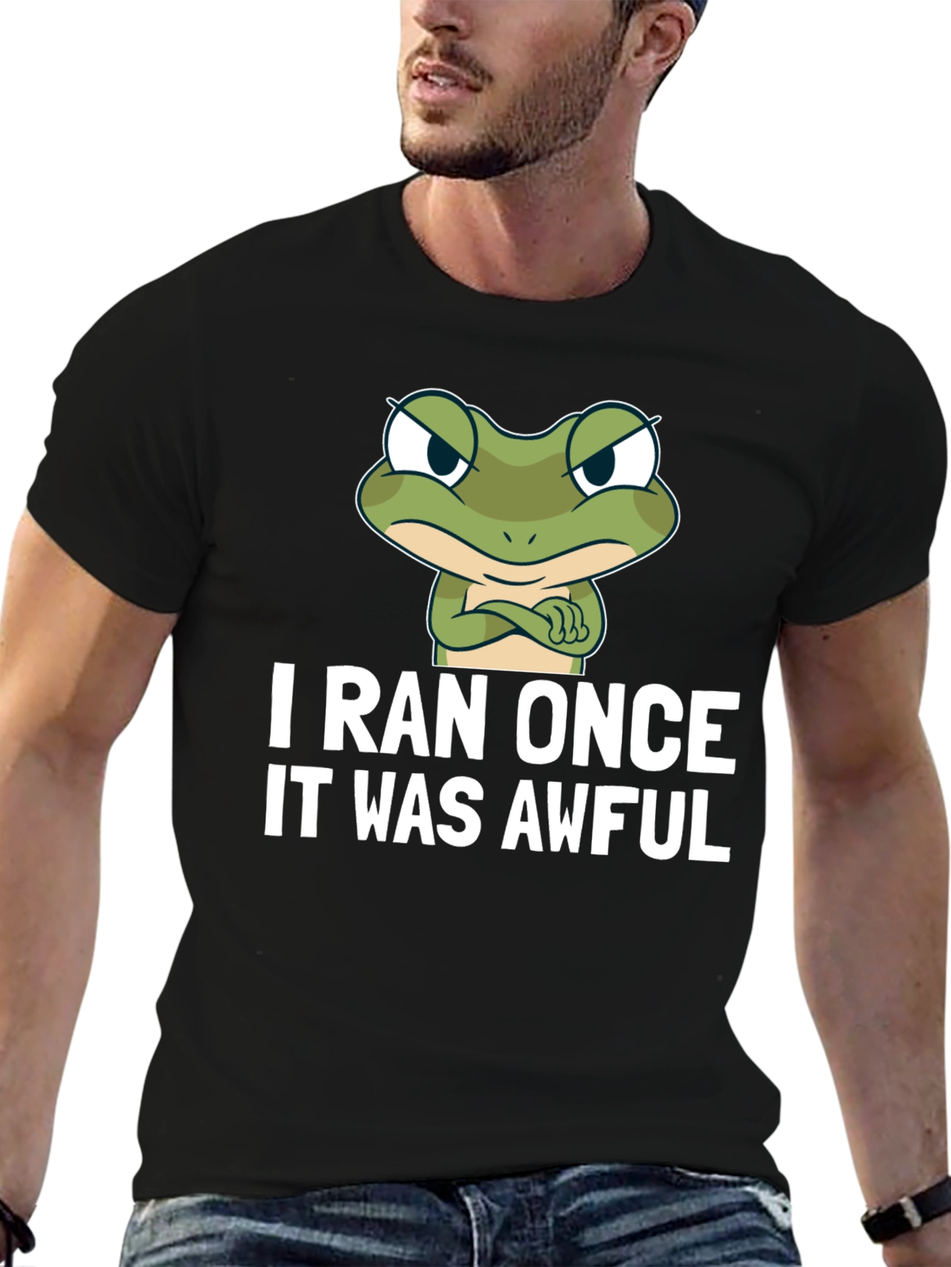 Black Funny Frog Graphic T-Shirt - "I Ran Once It Was Awful" view 6