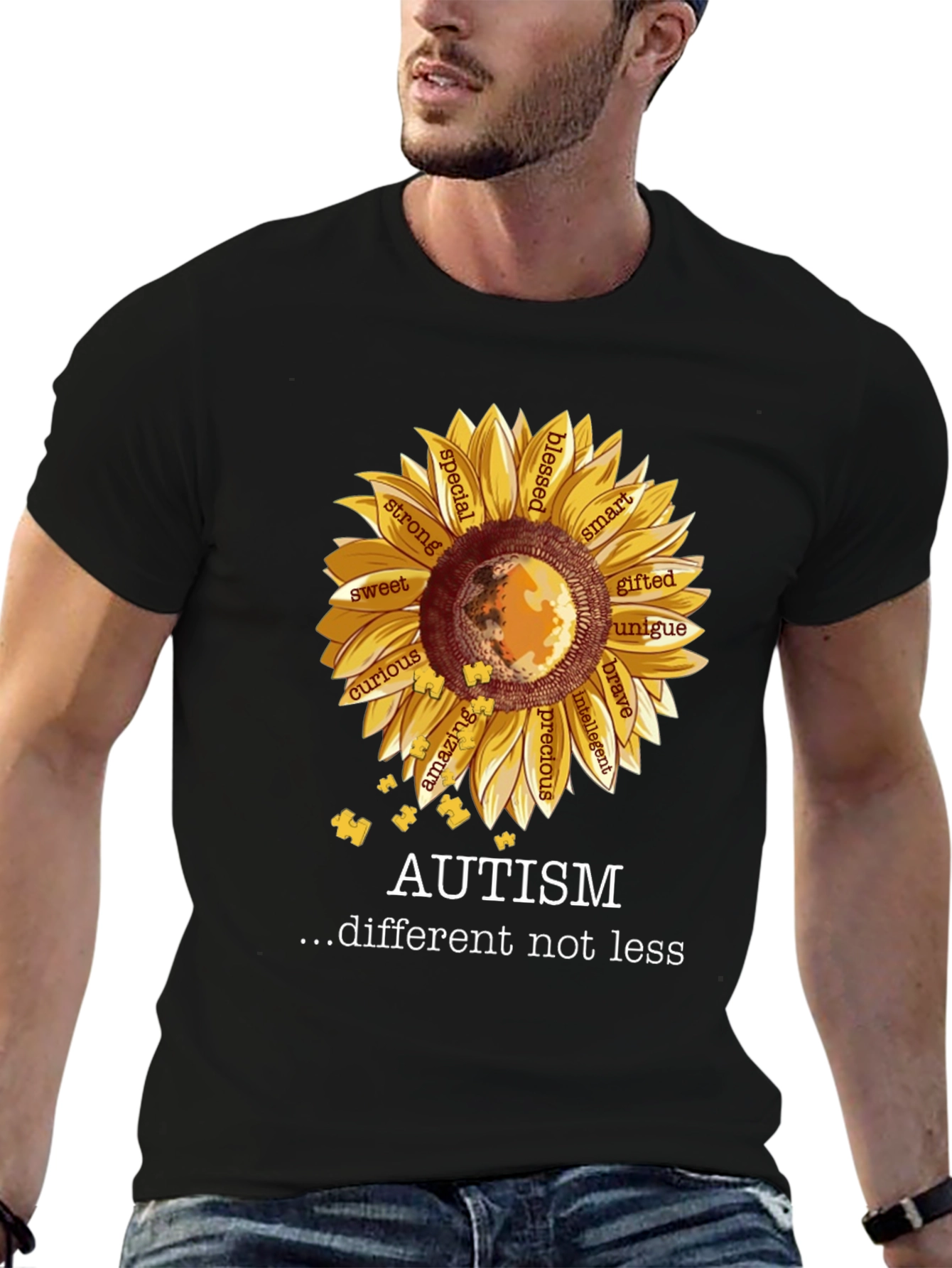 Black Autism Awareness Sunflower T-Shirt view 6