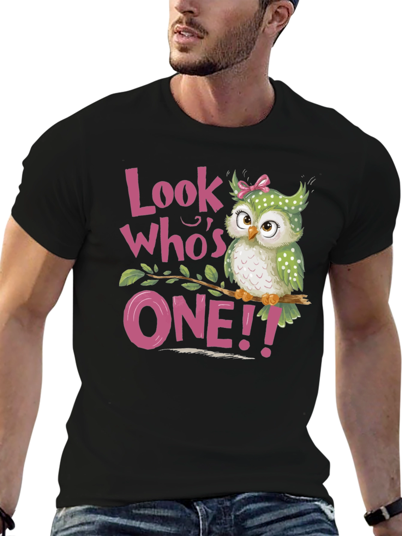 Black Look Who's One! Baby's 1st Birthday Owl T-Shirt view 6
