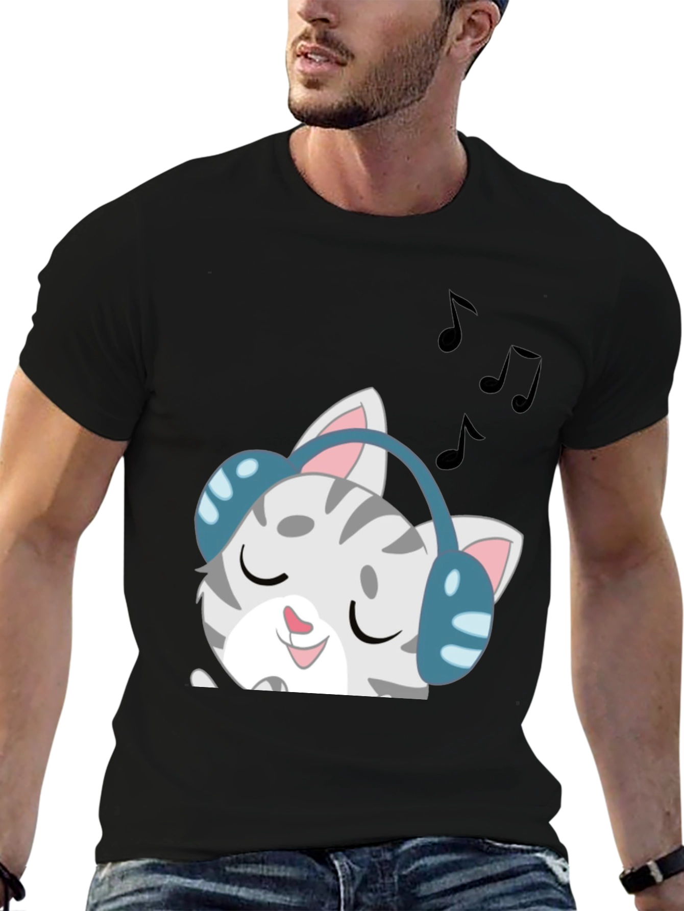 Black Cool Cat Headphones Graphic Tee - Black view 6