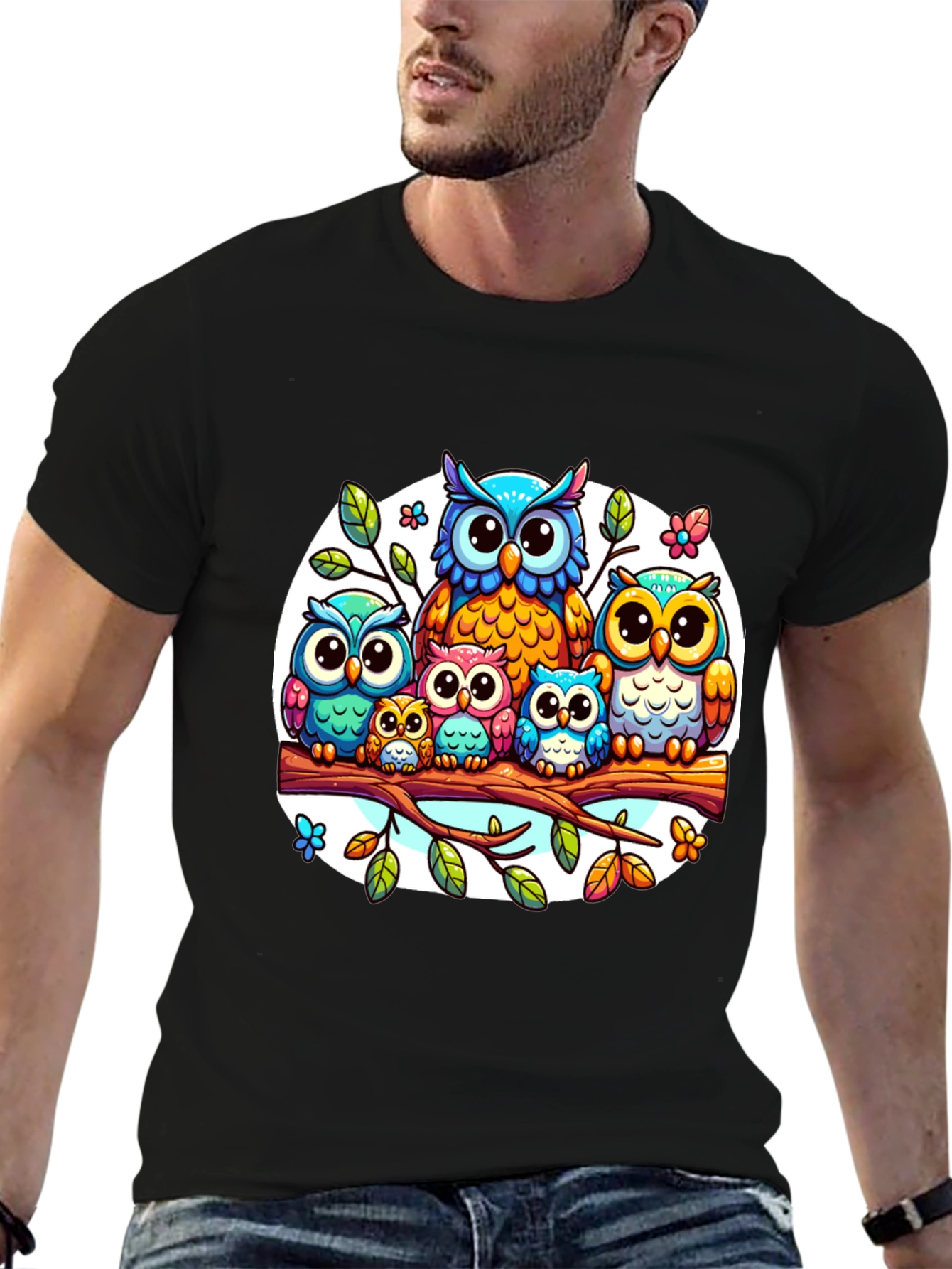 Black Cute Owl Family T-Shirt view 6