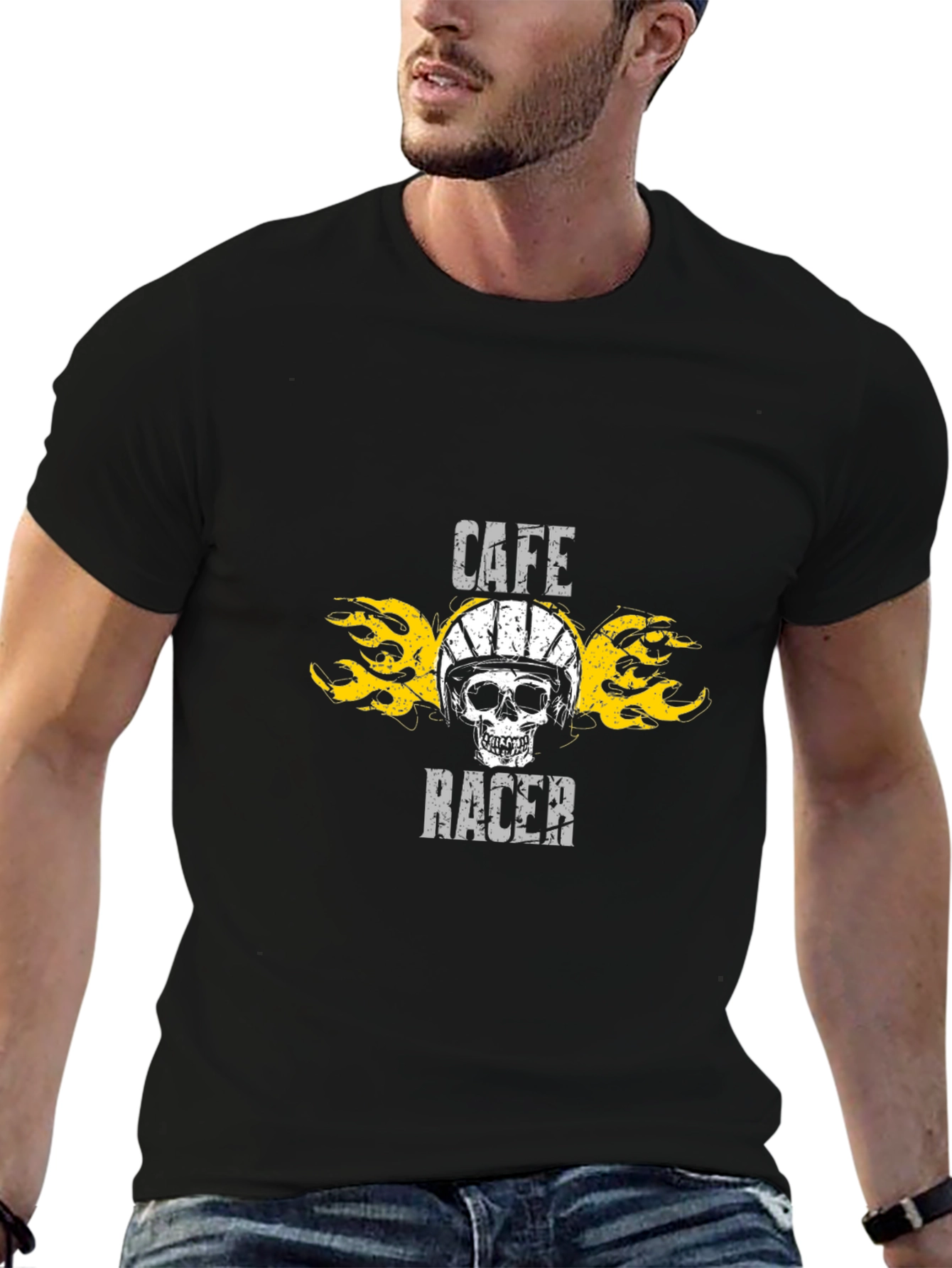 Black Cafe Racer Skull Graphic Black T-Shirt view 6