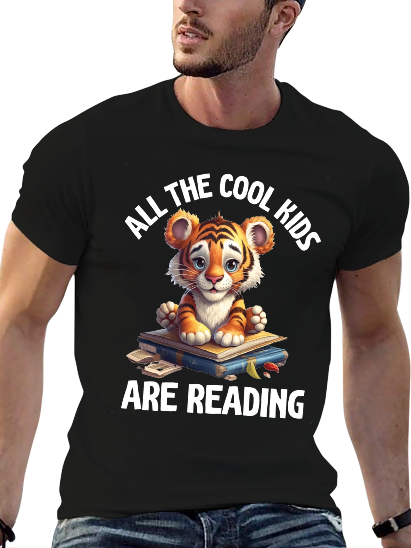 Black Cute Tiger Cub Reading T-Shirt view 6