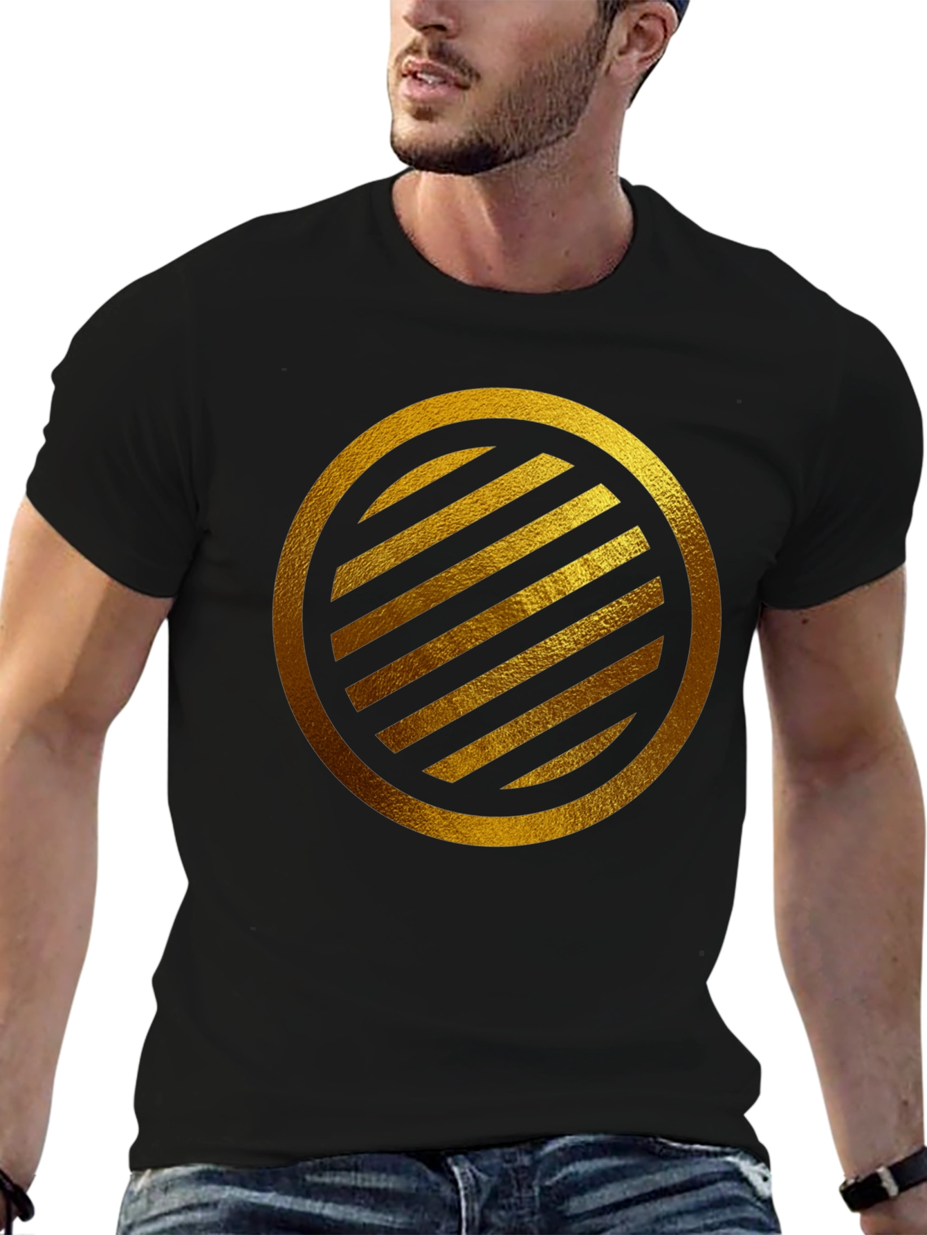 Gold Striped Circle on Black T-Shirt - 6