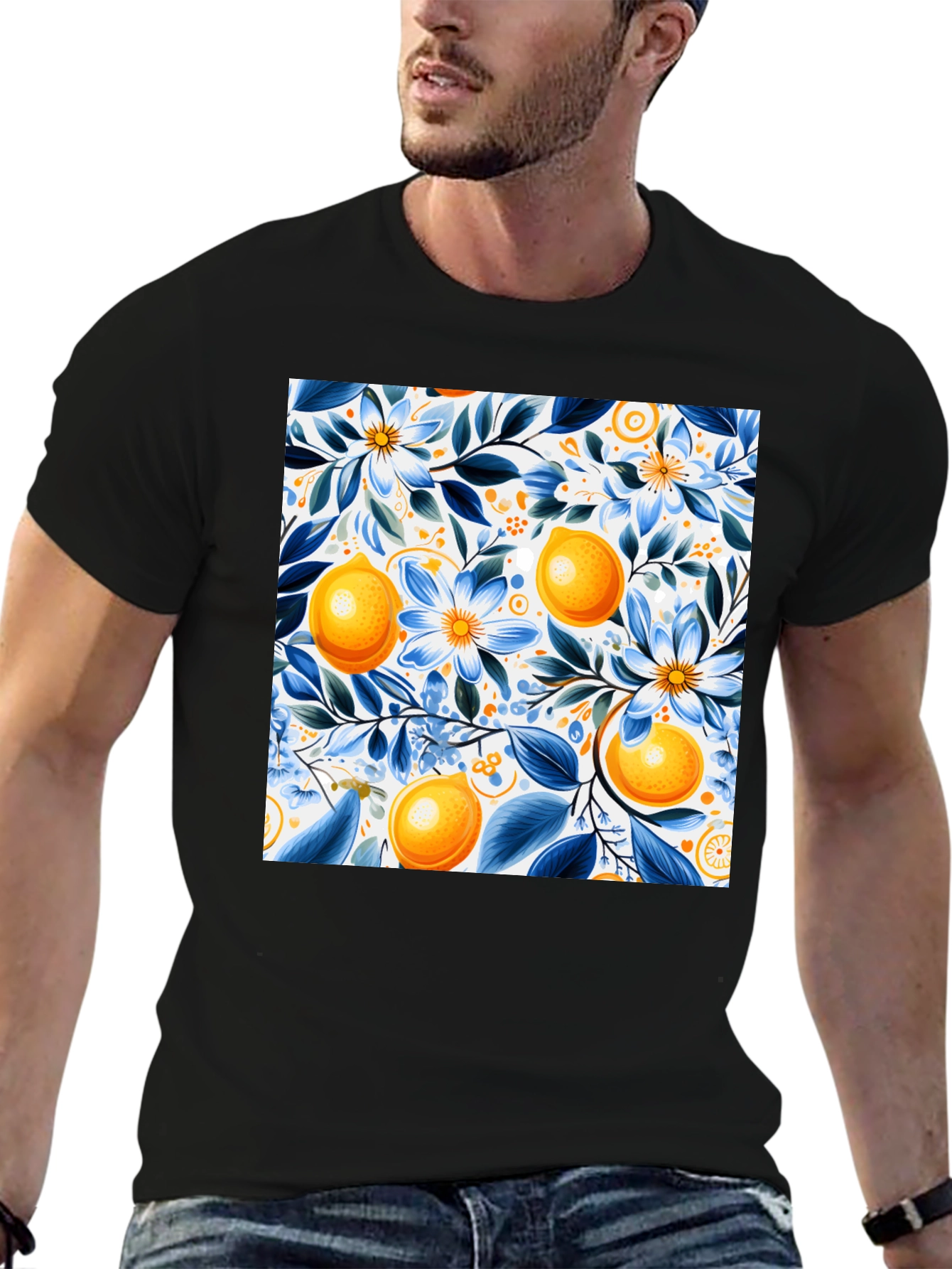 Black Floral Lemon Print Black T-Shirt view 6