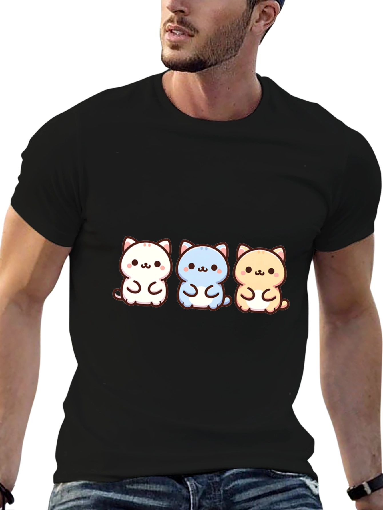 Black Cute Cartoon Cat Trio Black T-Shirt view 6