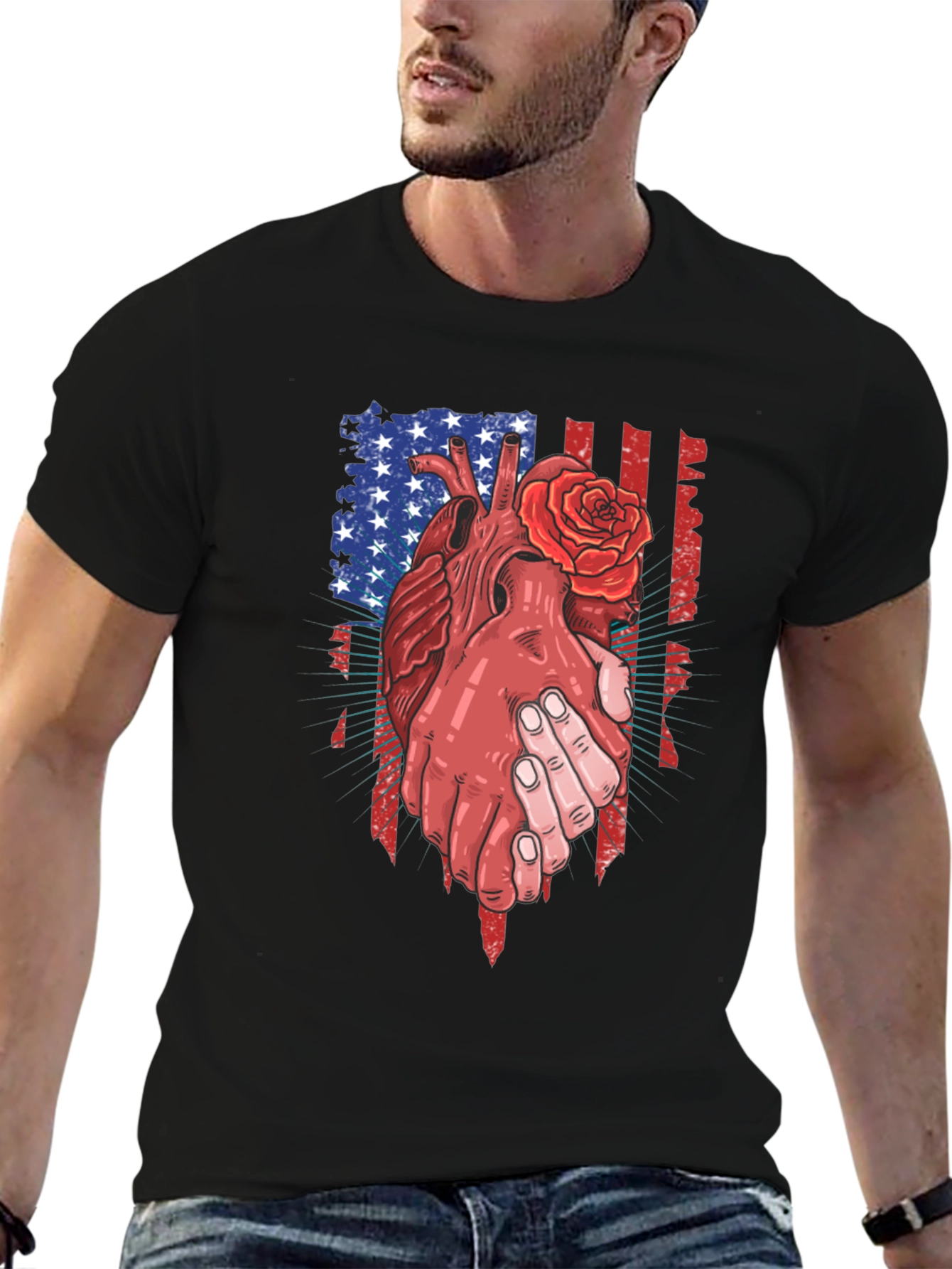 Black Patriotic Heart & Rose Graphic T-Shirt view 6