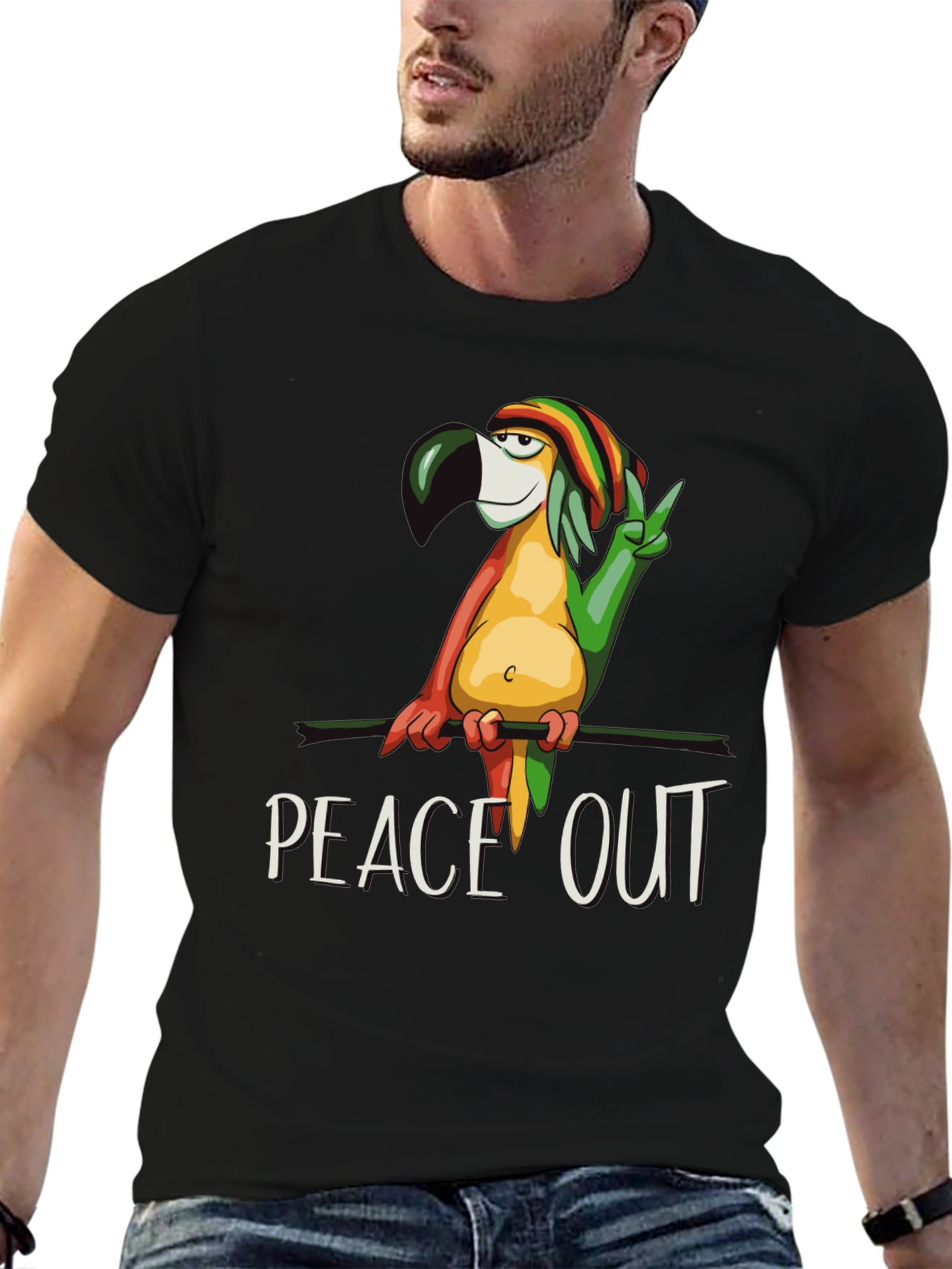 Black Peace Out Parrot Graphic T-Shirt view 6