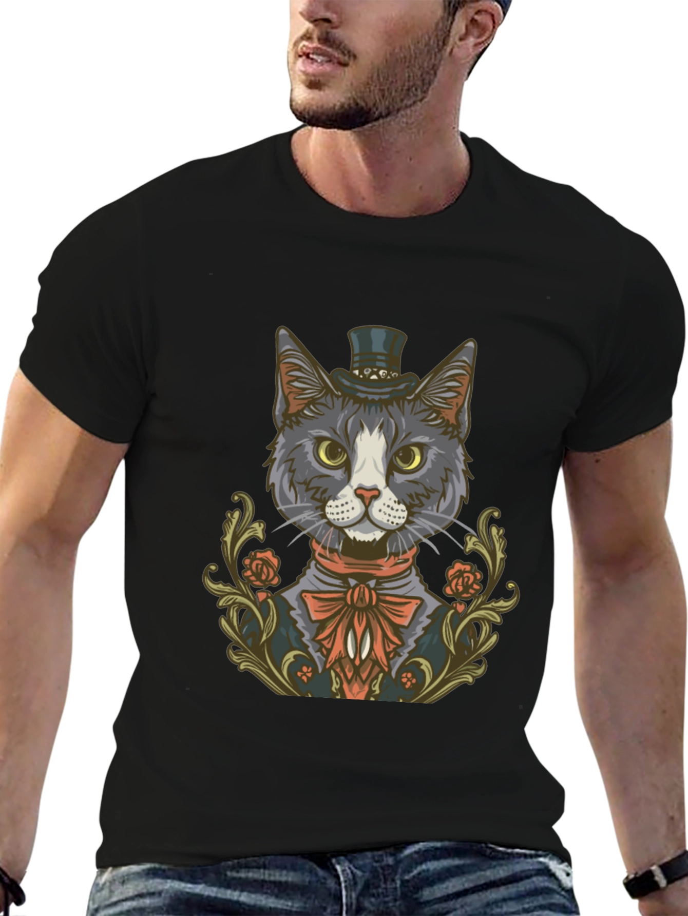 Black Dapper Cat Top Hat Graphic Tee view 6