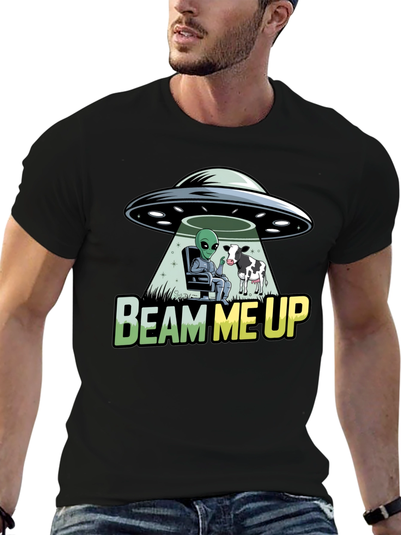 Black Beam Me Up Alien and Cow Graphic T-Shirt view 6