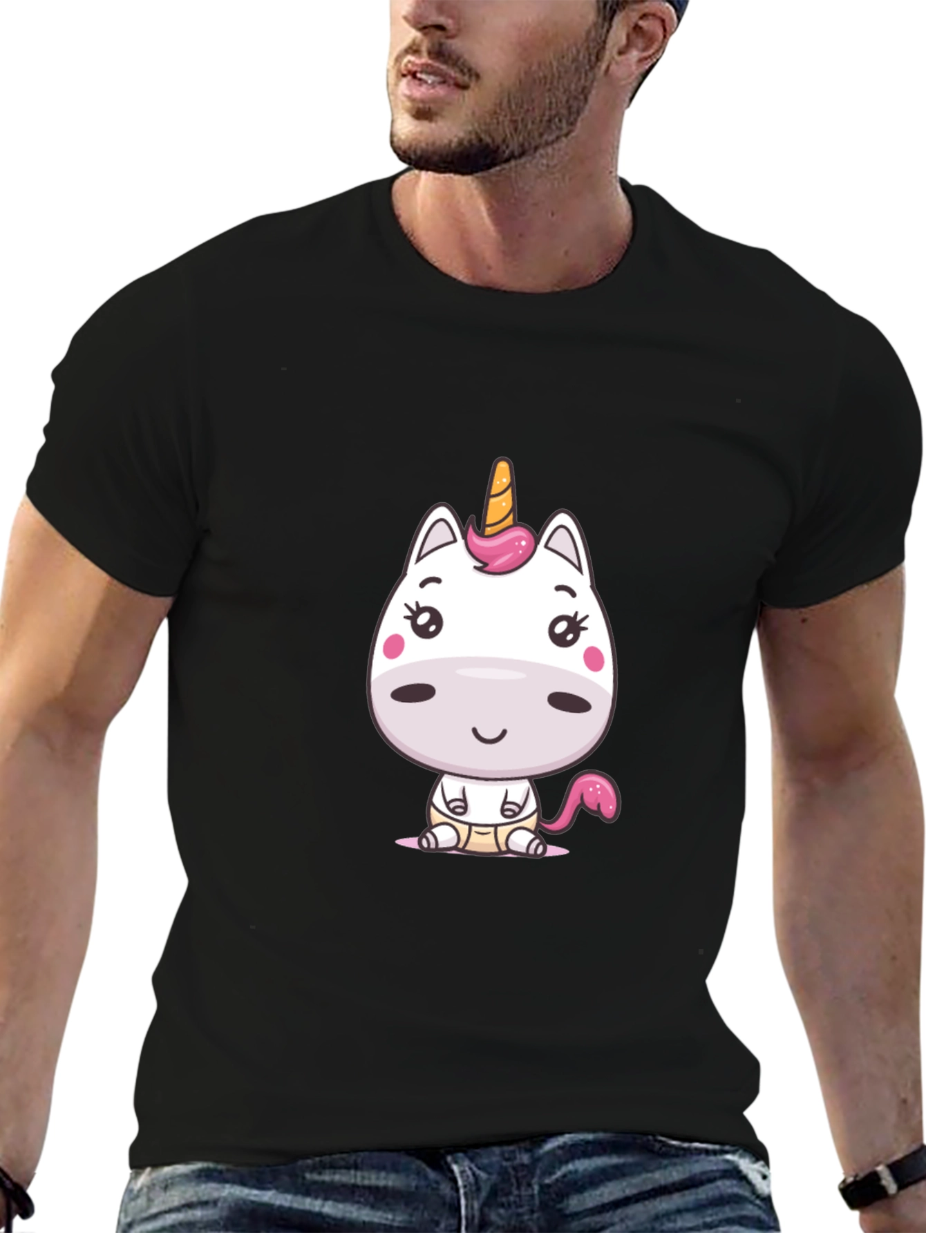 Black Cute Cartoon Unicorn Graphic Tee - Black Cotton Blend view 6