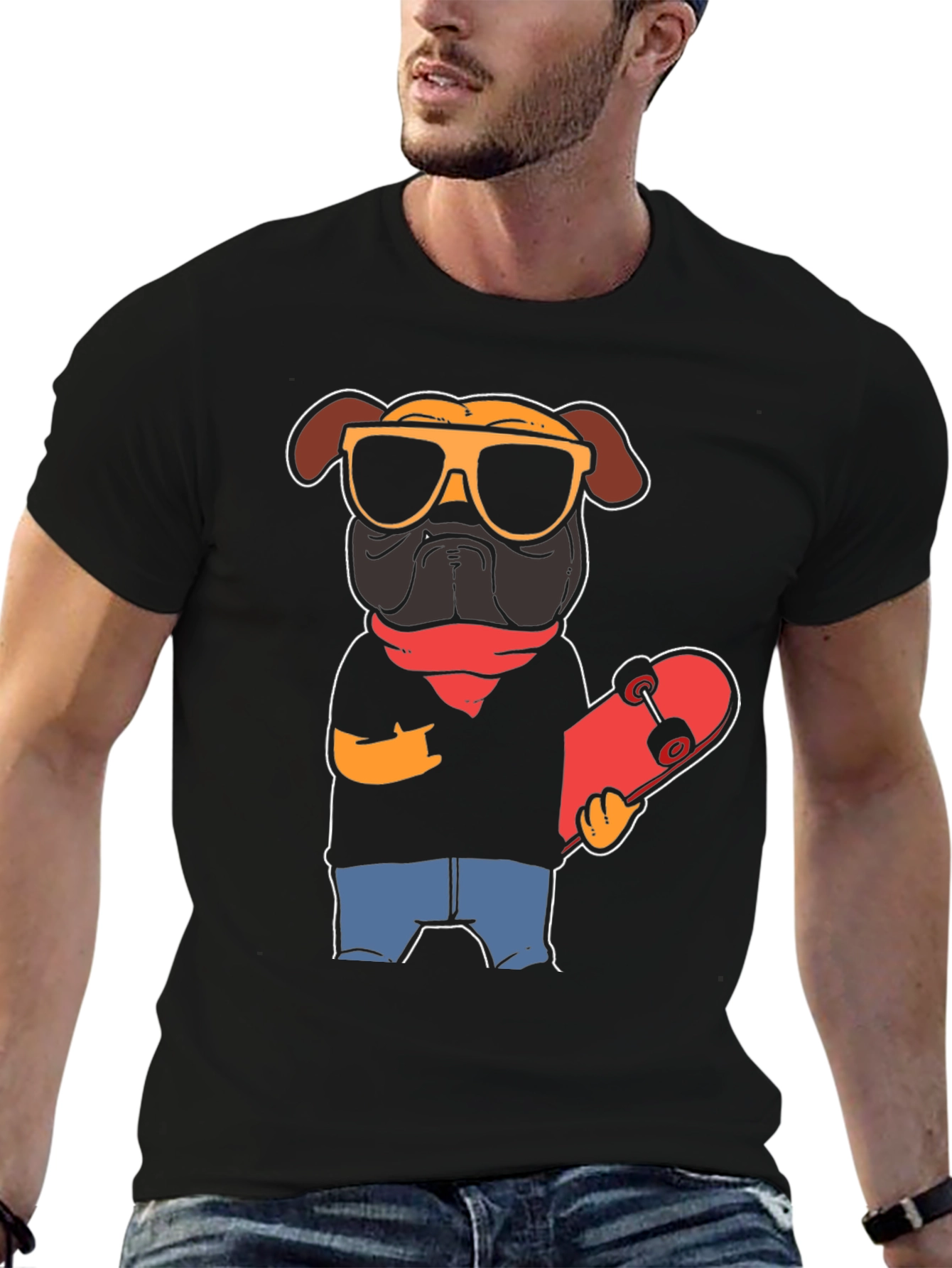 Black Cool Pug Skateboarder Graphic Tee view 6