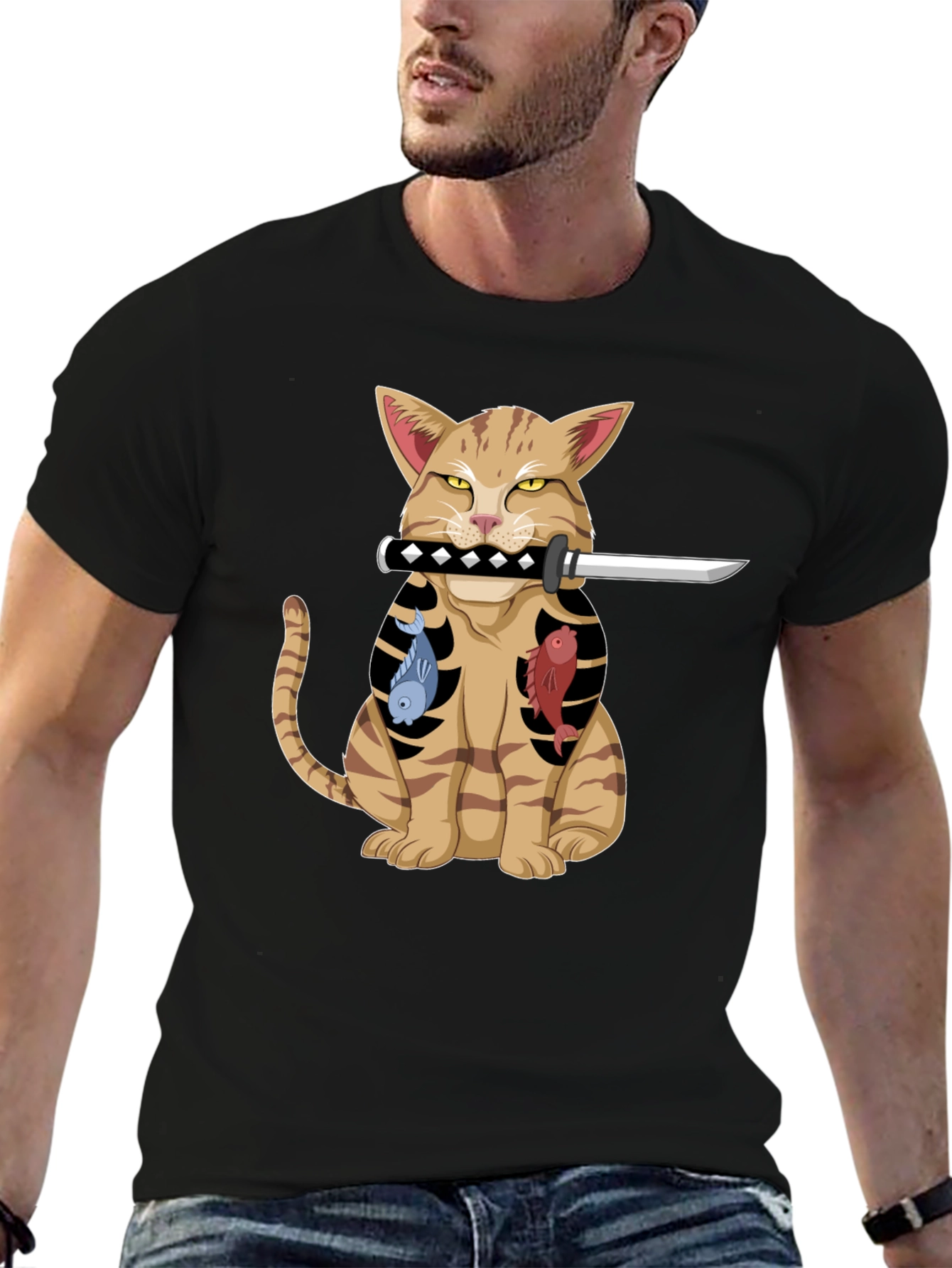 Black Cat Samurai T-Shirt - Funny Kitten with Sword Tee view 6