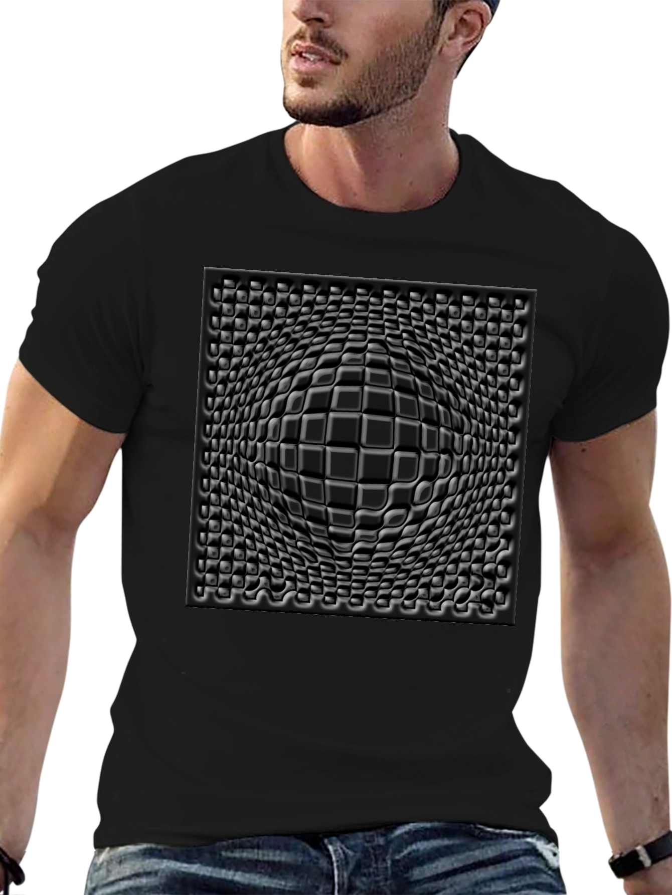 Black 3D Illusion Black Graphic Tee - Stylish Visual Design view 6
