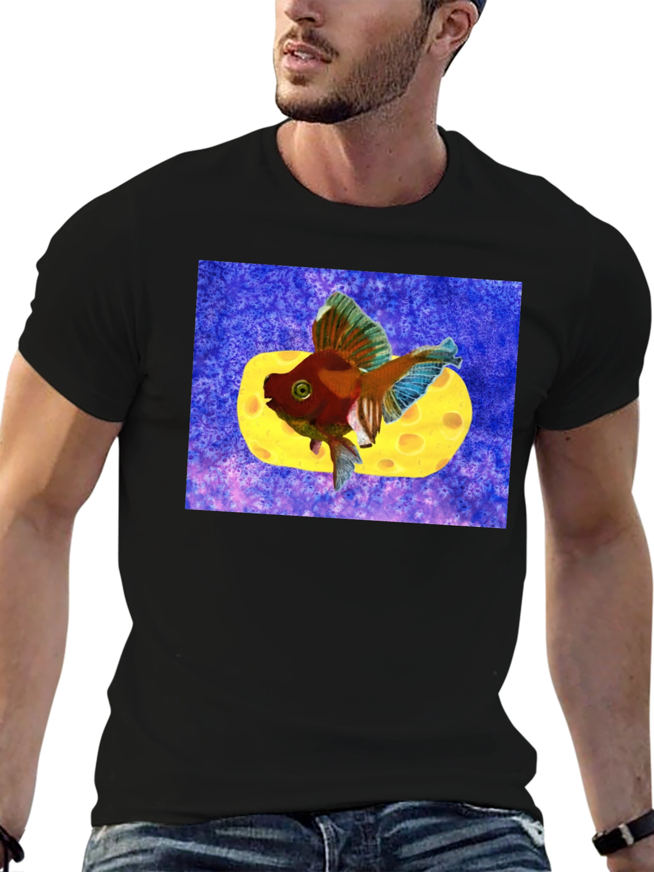 Black Goldfish Cheese Design T-Shirt view 6