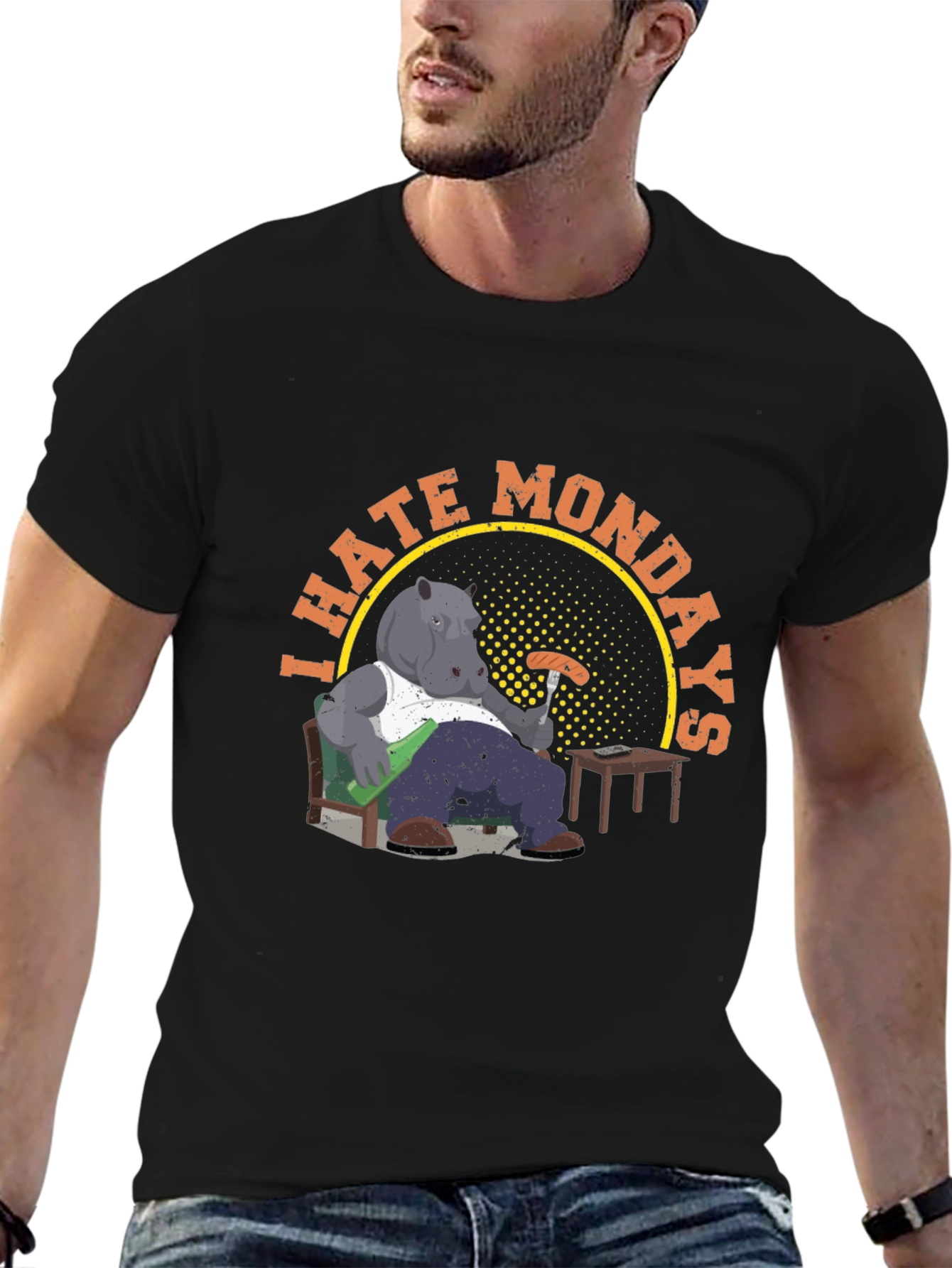 Black I Hate Mondays Graphic T-Shirt - Funny Cartoon Hippo Tee view 6