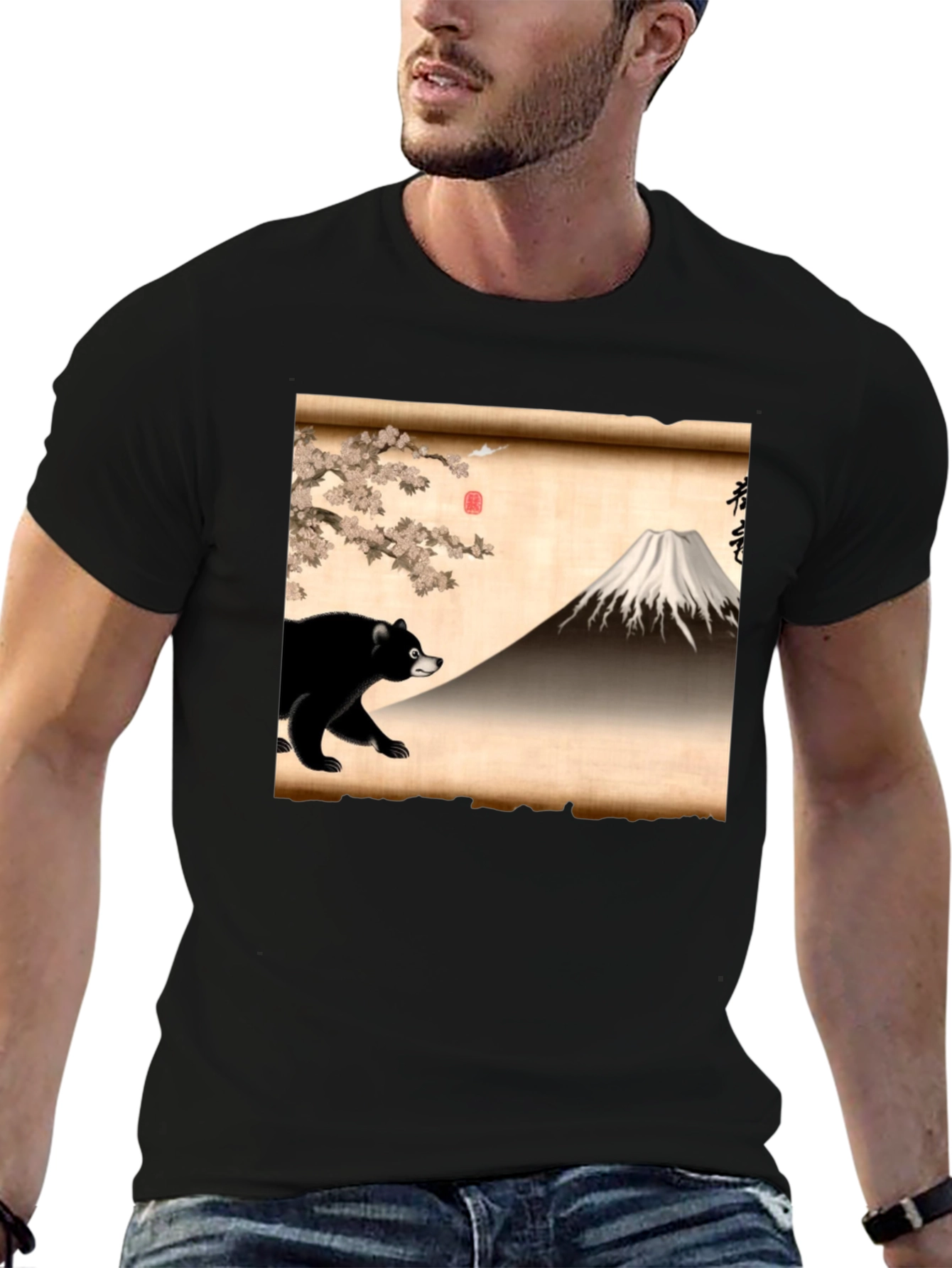Black Bear & Mt. Fuji Graphic Tee - Japanese Art Shirt view 6