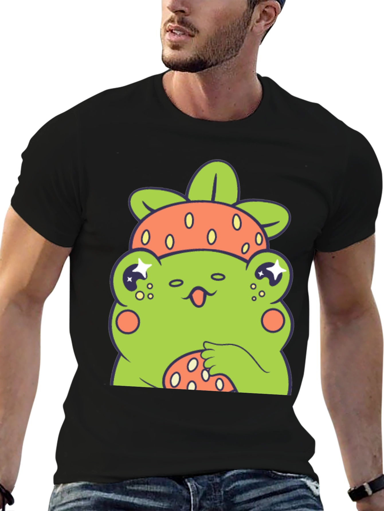 Black Frog Strawberry T-Shirt - Cute Cartoon Graphic Tee view 6