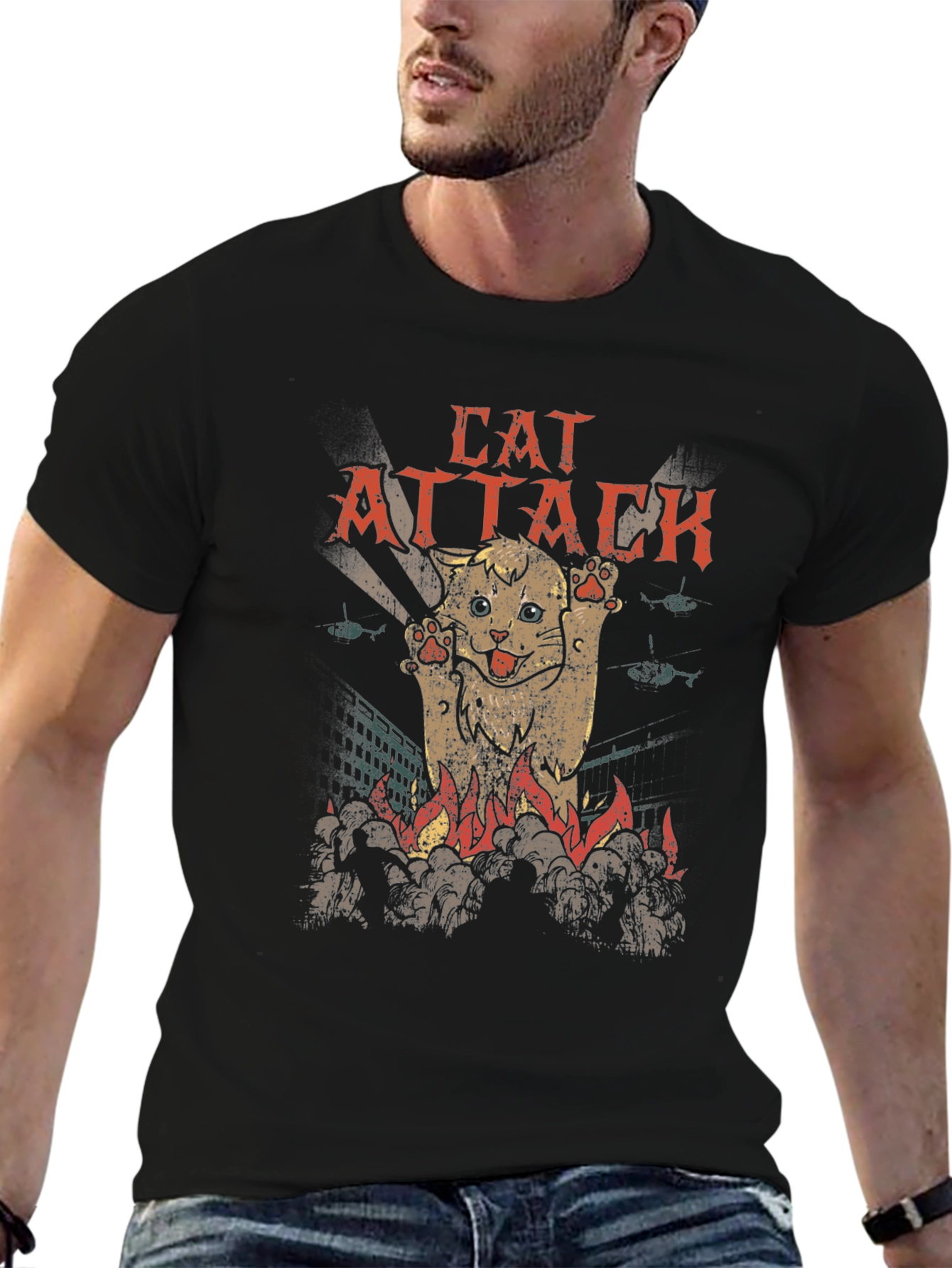 Black Cat Attack Graphic T-Shirt - Black Cotton Tee view 6