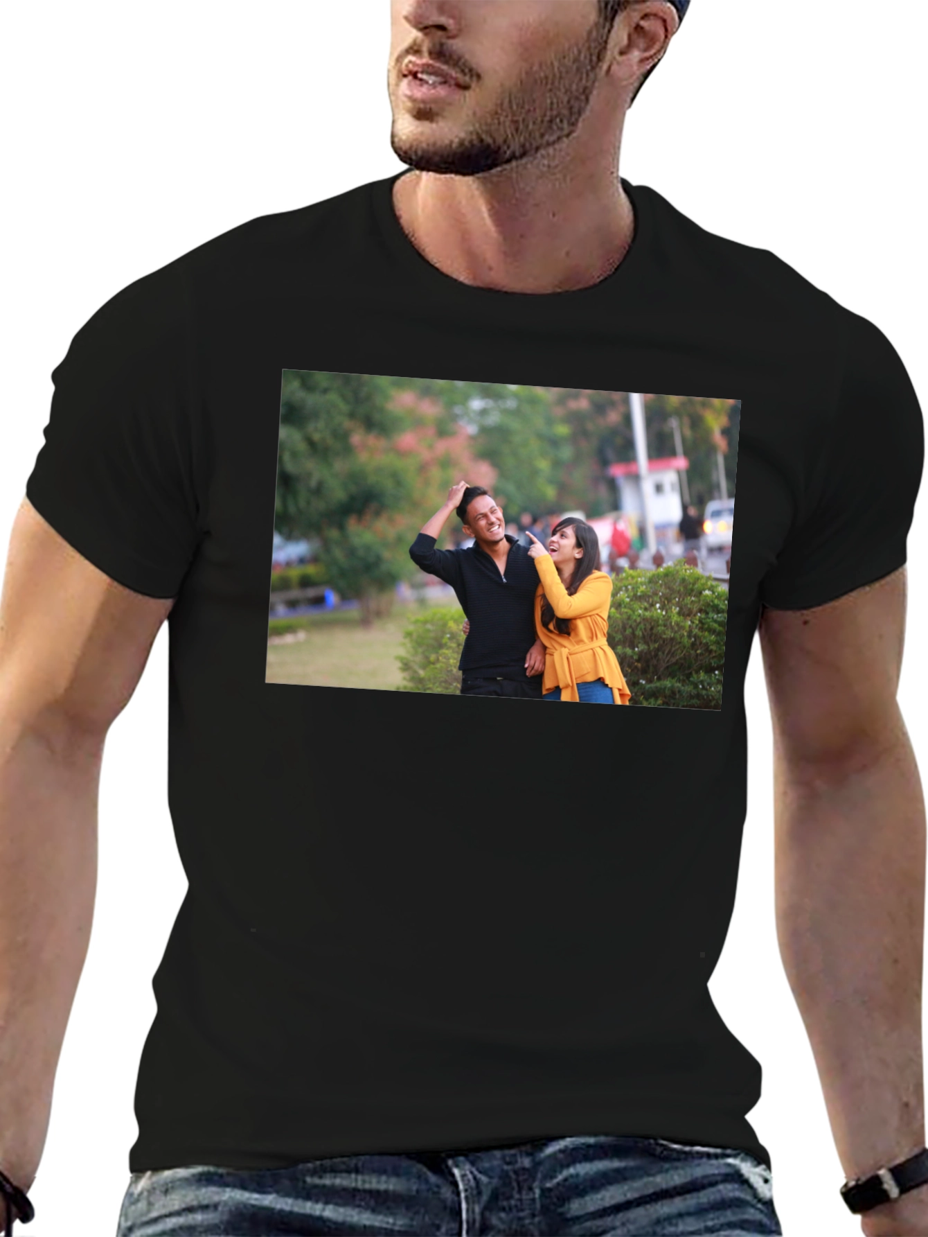 Black Stylish Black T-Shirt with Couple Print view 6