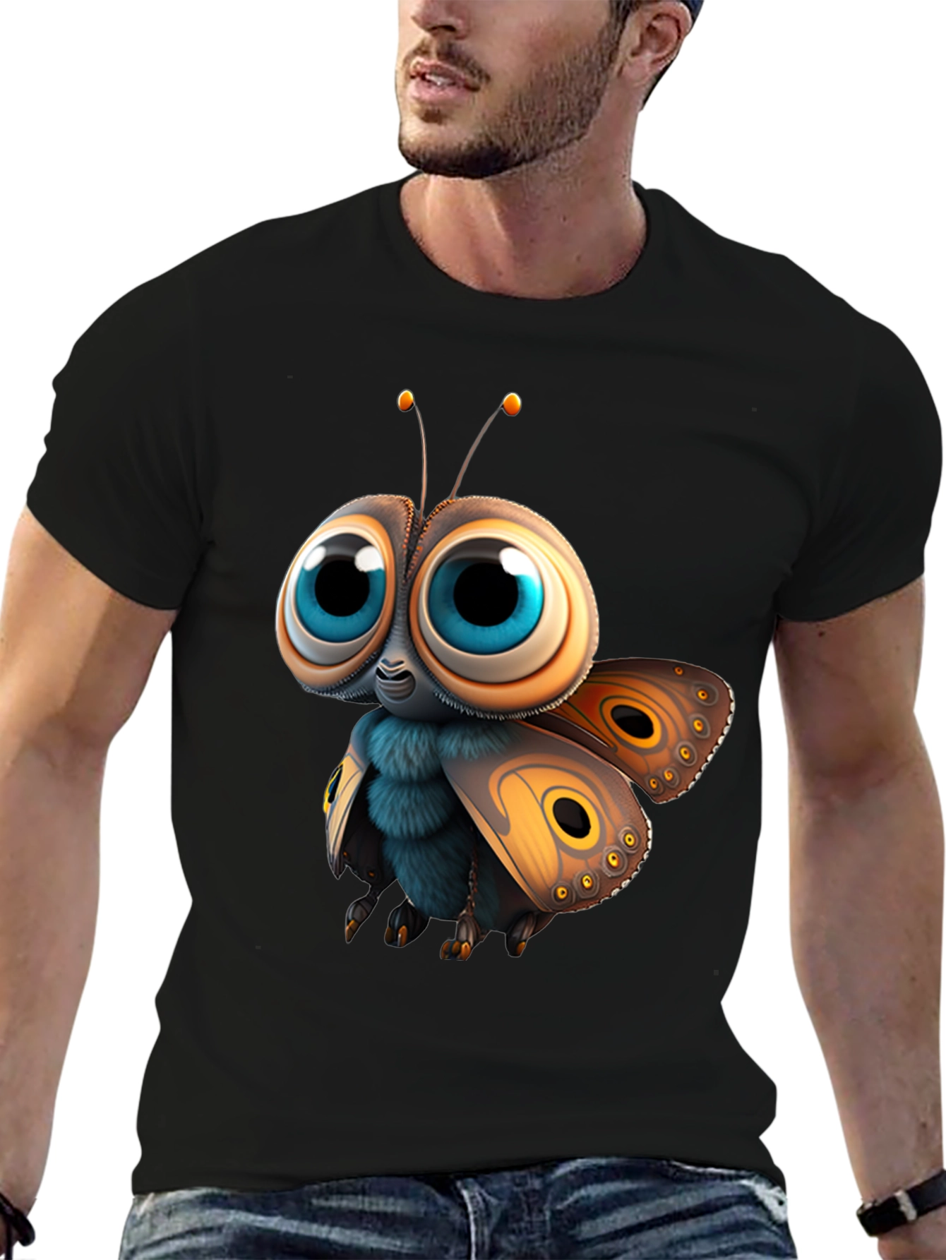 Black Cute Cartoon Moth Graphic Tee - Soft Cotton view 6