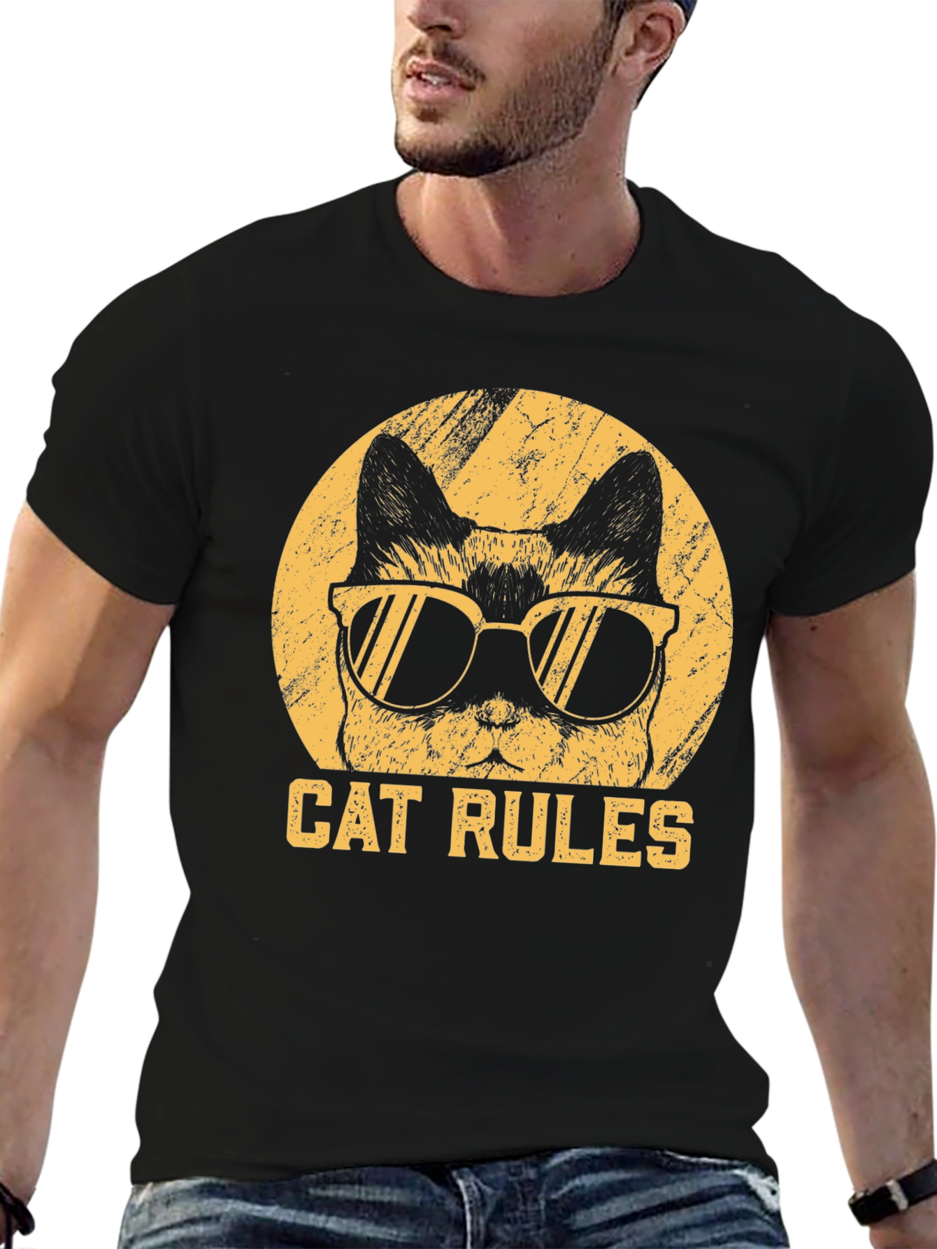 Black Cool Cat Rules Graphic T-Shirt view 6