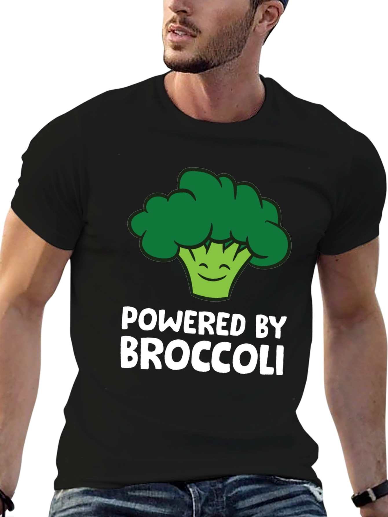 Black Powered By Broccoli T-Shirt - Funny Vegan Tee view 6