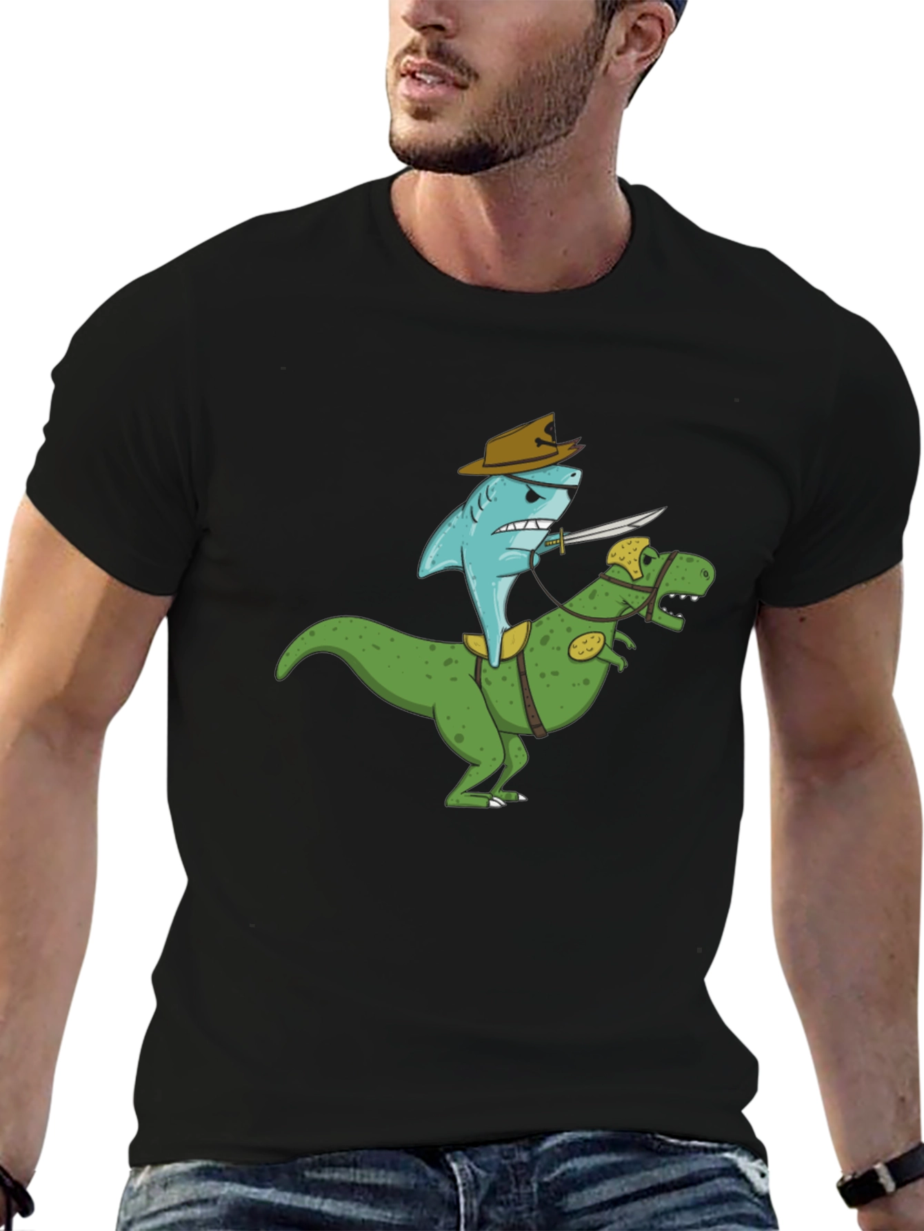 Black Shark Riding Dinosaur T-Shirt - Funny Graphic Tee view 6