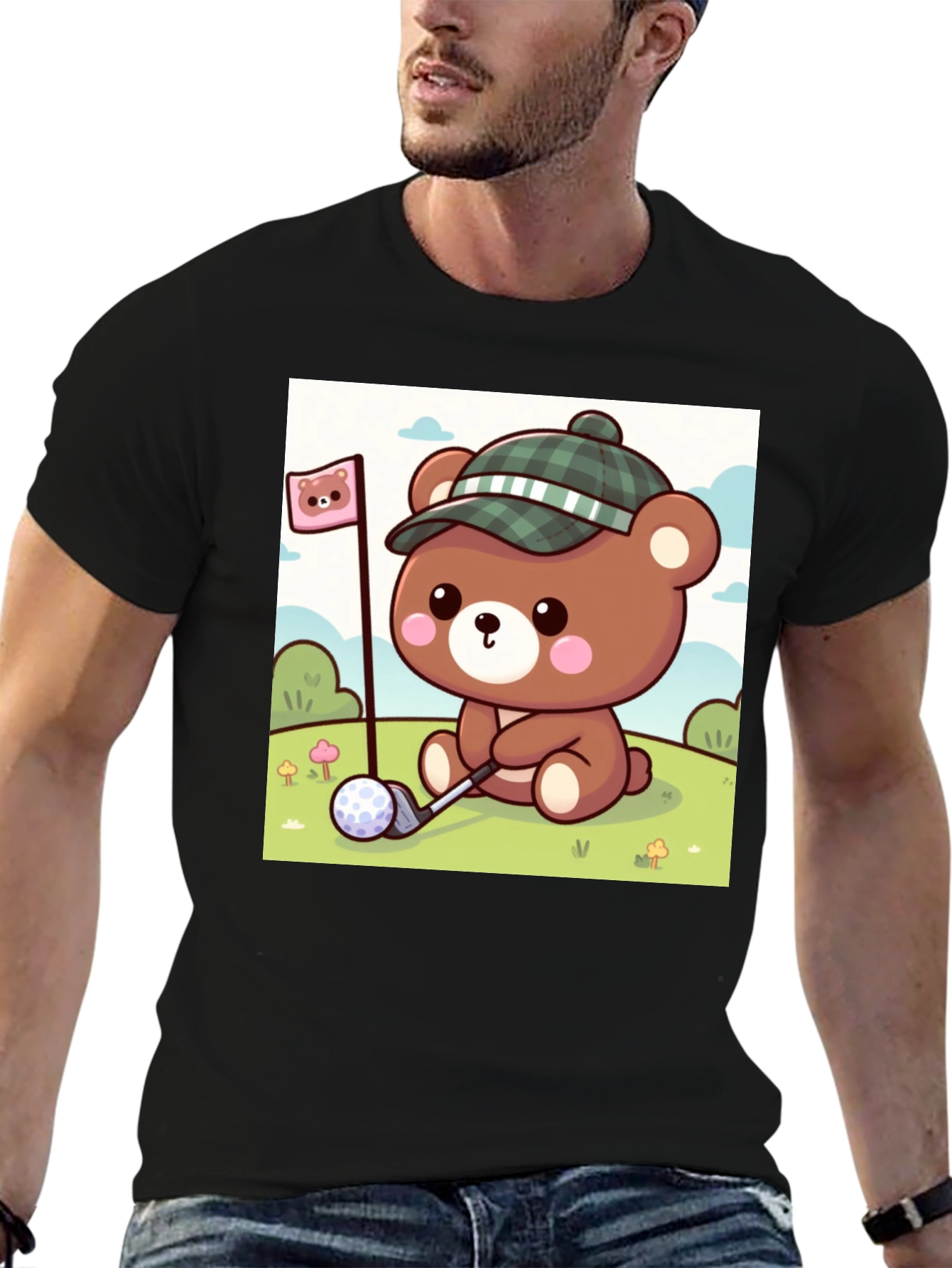 Black Cute Golf Bear Tee - Fun Cartoon Graphic T-Shirt view 6