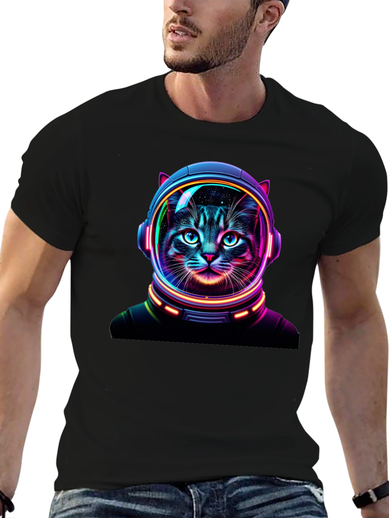 Black Cosmic Cat T-Shirt - Astronaut Feline Design view 6