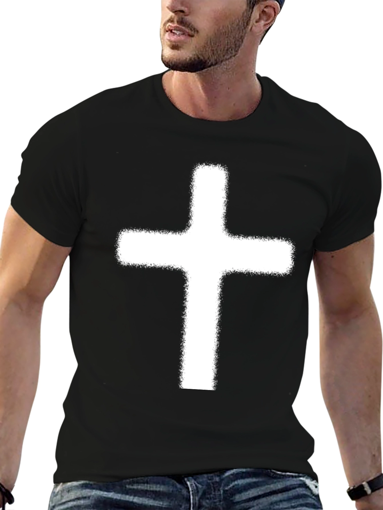 Black White Cross Graphic Print Black T-Shirt view 6